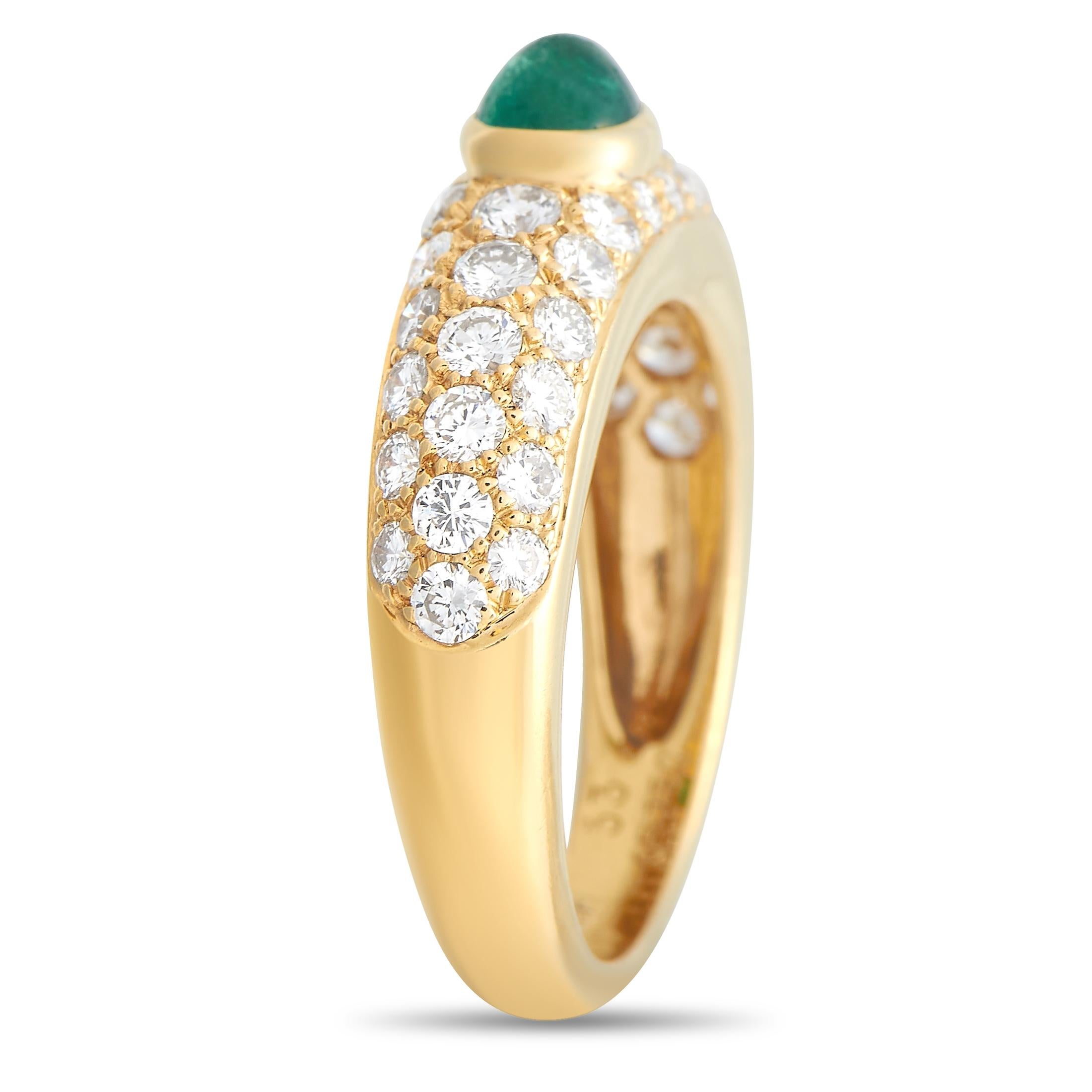 This stunning Cartier 18K Yellow Gold 1.00 ct Diamond Emerald Ring is a must-have! The ring is made with warm 18K Yellow Gold and set with 1.00 carat of small round-cut diamonds of F color and VS Clarity over the front half of the ring. A beautiful