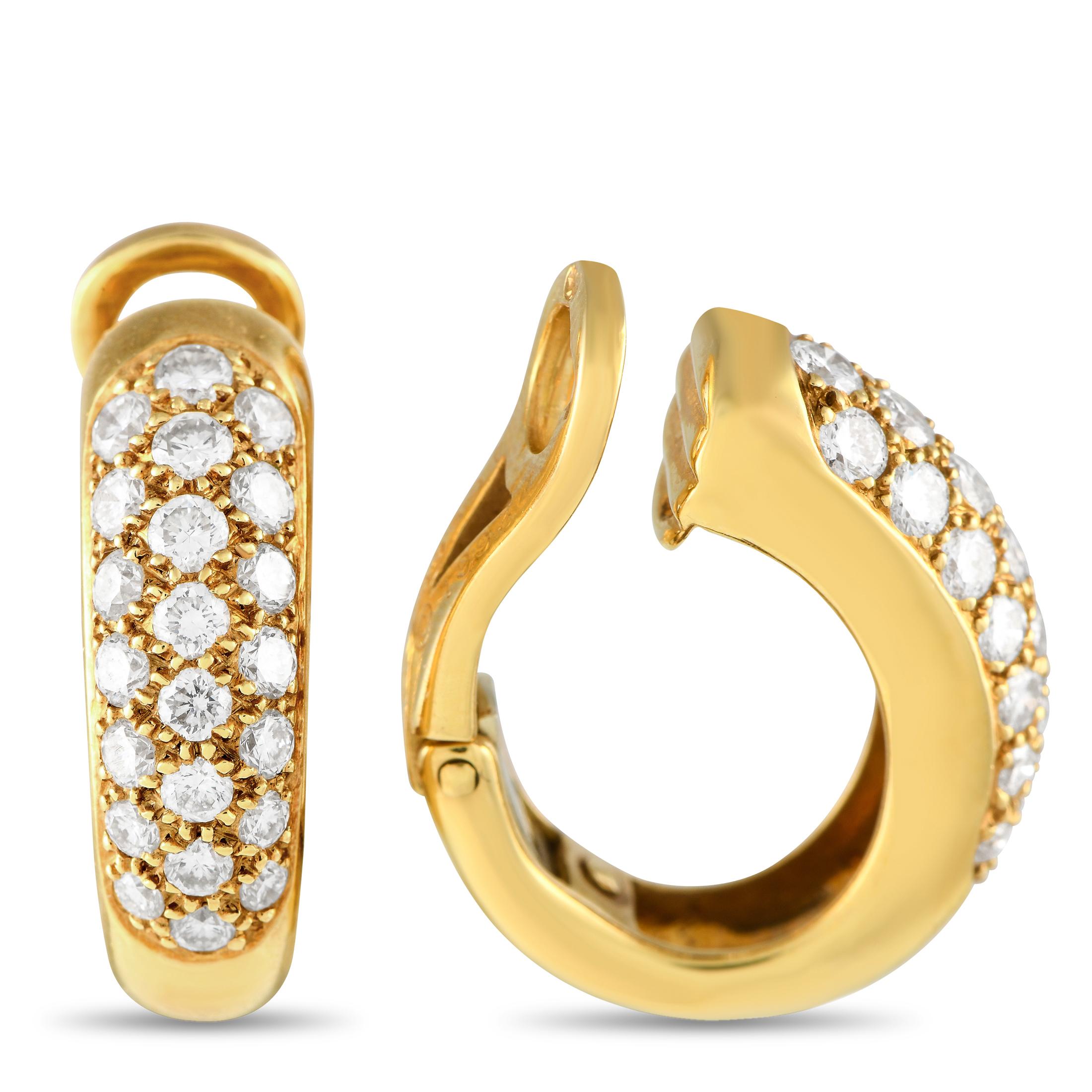 Sparkling Diamonds with a total weight of 1.0 carats allow these Cartier earrings to effortlessly radiate light. The opulent 18K Yellow Gold setting features a gracefully curved design that is undeniably timeless. Each earring measures .75 long,