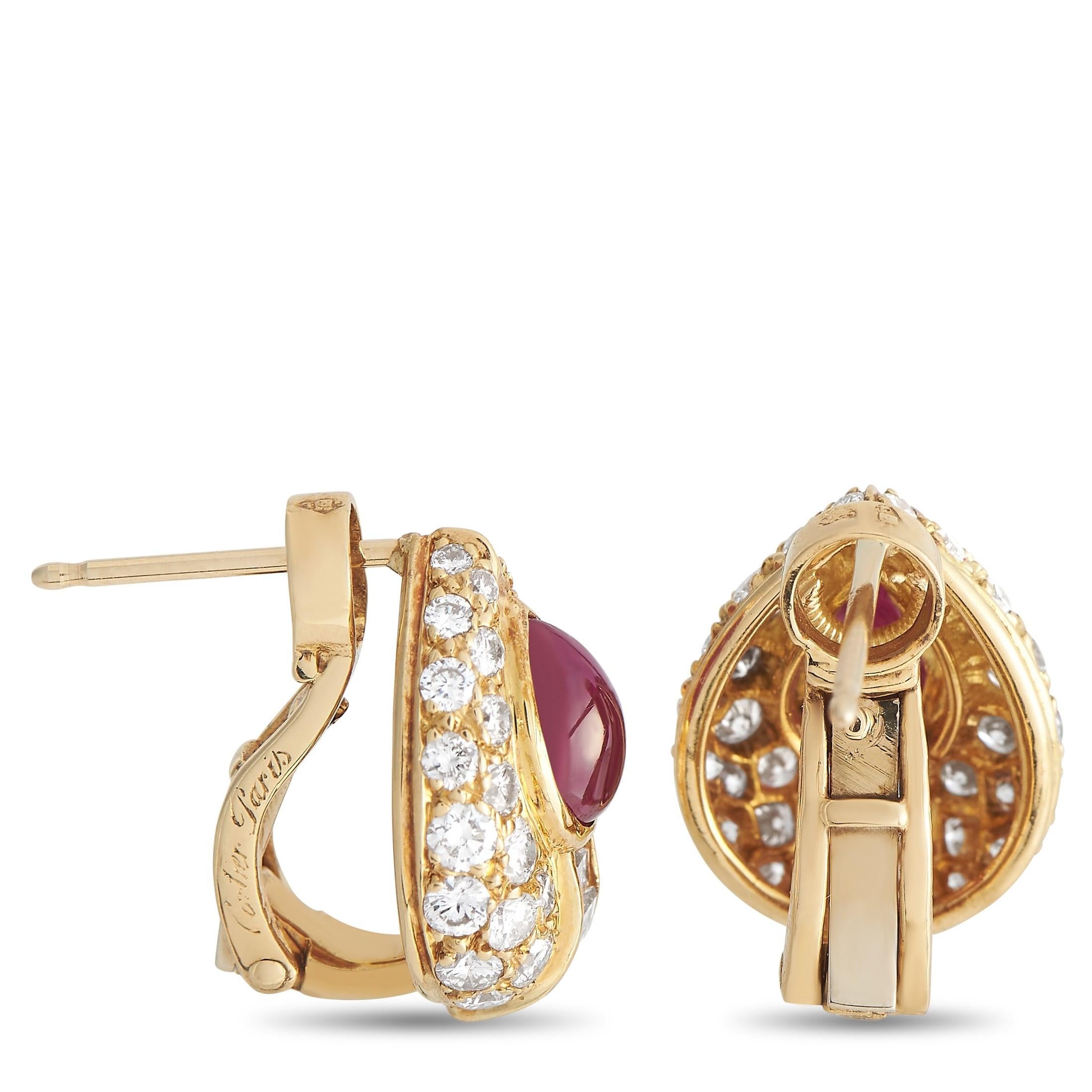 There’s something inherently elegant about these opulent Cartier Earrings. Crafted from 18K Yellow Gold, each one features a stunning array of inset diamond accents that together possess a total weight of 1.25 carats. Pear-shaped rubies totaling