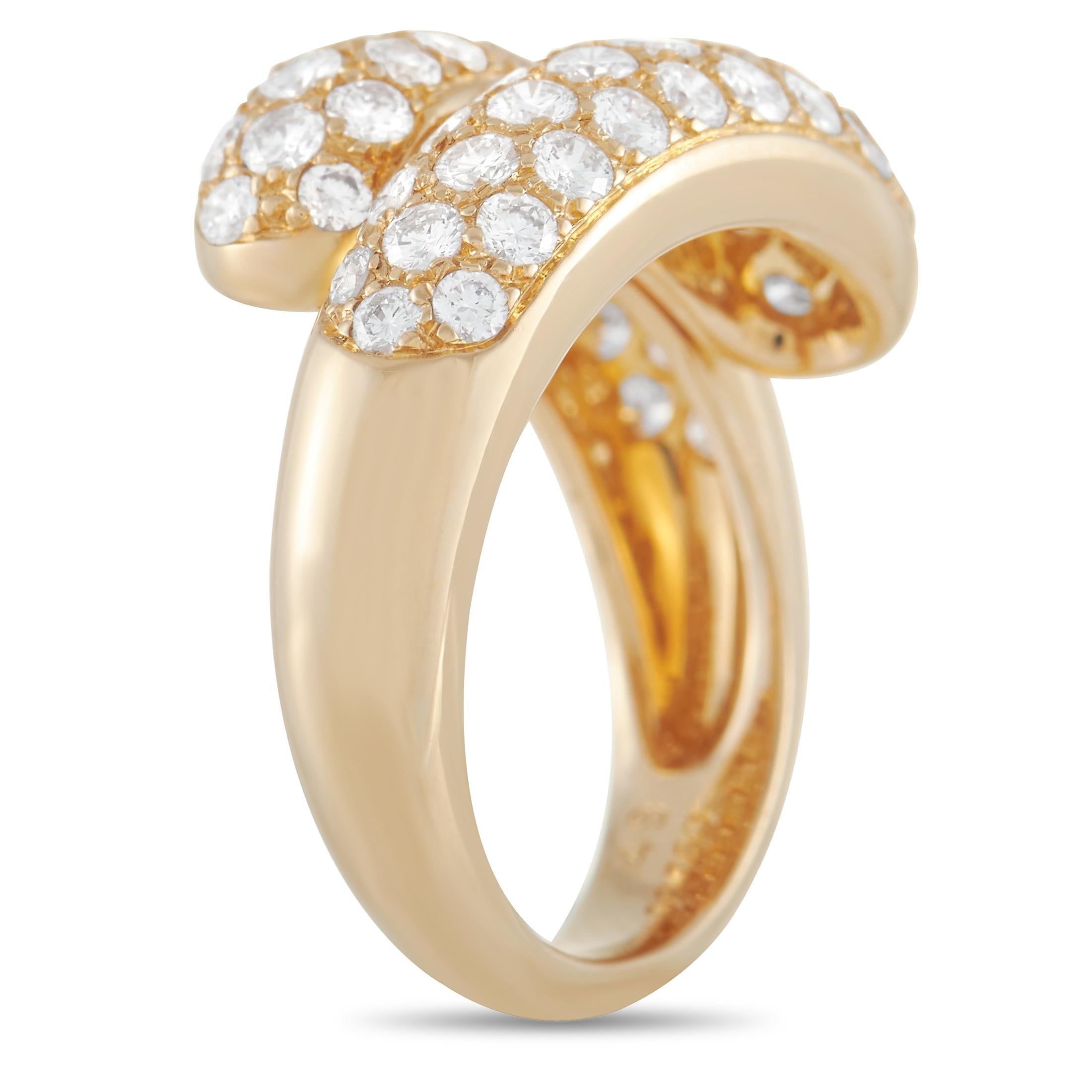 A beautiful, simplistic wrapped design makes this ring from Cartier ideal for any minimalist. Crafted from 18K yellow gold, this piece features a band width and a top height of 4mm. But it’s the glittering pavé diamonds totaling 1.50 carats with E