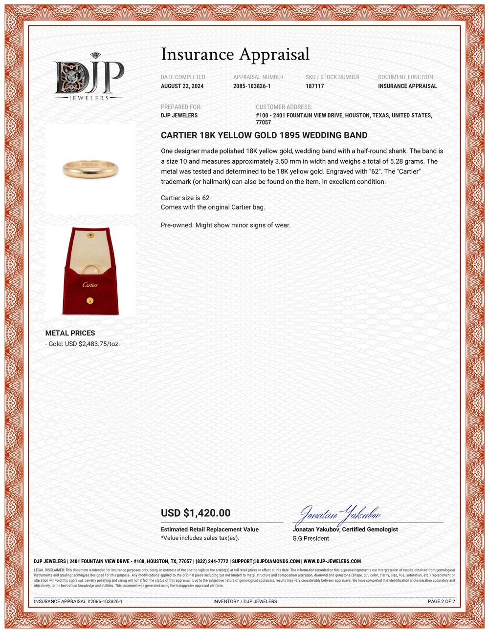 Cartier 18 Karat Gelbgold 1895 Ehering 2