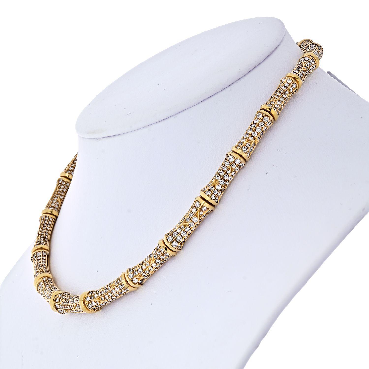 Round Cut Cartier 18 Karat Yellow Gold 22 Carat Diamond Bamboo Collar Necklace