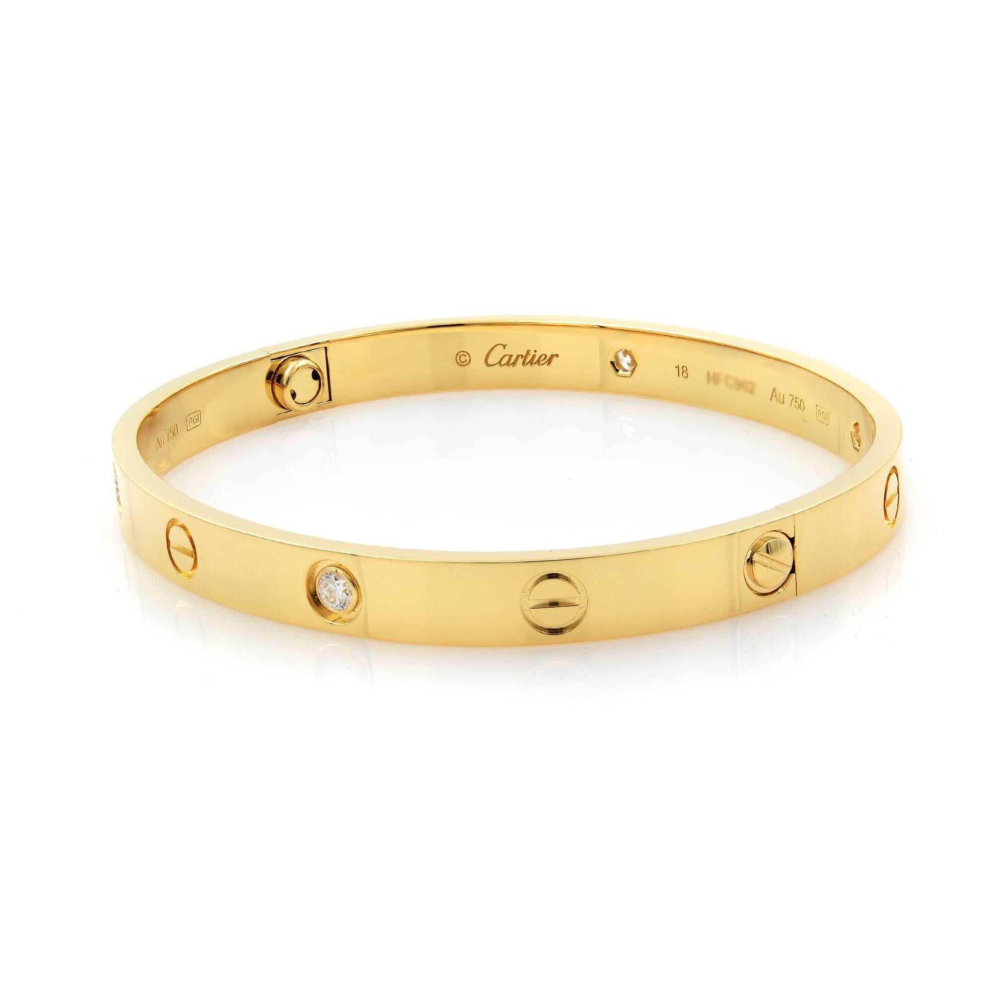 Four diamond Love Bracelet from Cartier
Condition: Unworn
18K Yellow Gold
Diamond weight: 0.42 carat
Comes With: Original box, papers and a screwdriver
New Style
Size 18