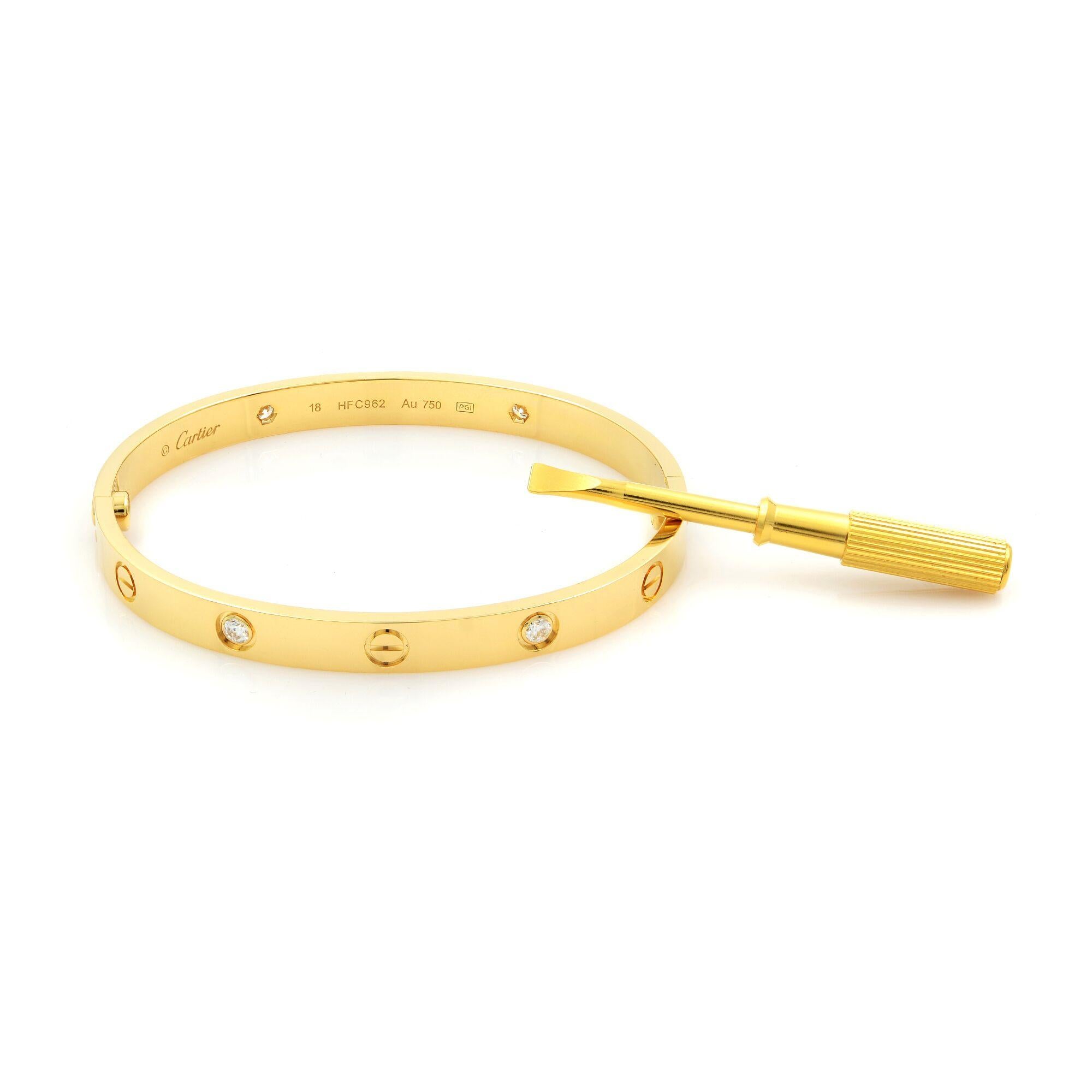 Cartier 18 Karat Yellow Gold 4 Diamonds Love Bangle In Excellent Condition In New York, NY