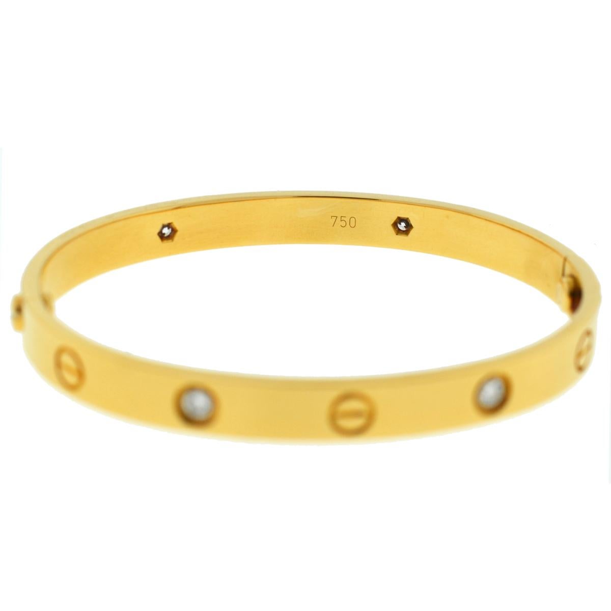 Cartier 18 Karat Yellow Gold 4 Diamonds Love Bracelet Old Style In Excellent Condition For Sale In Boca Raton, FL