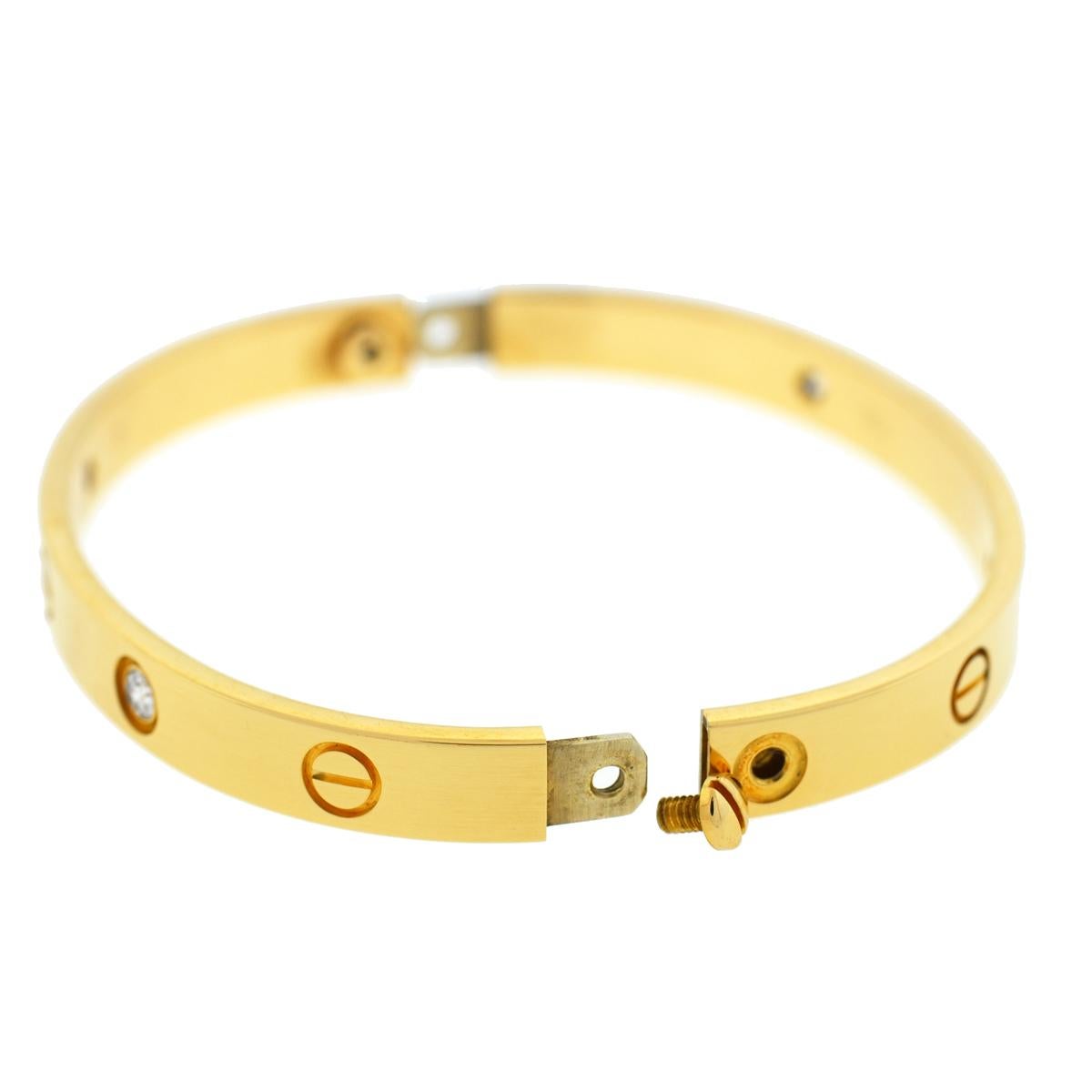 Women's or Men's Cartier 18 Karat Yellow Gold 4 Diamonds Love Bracelet Old Style For Sale
