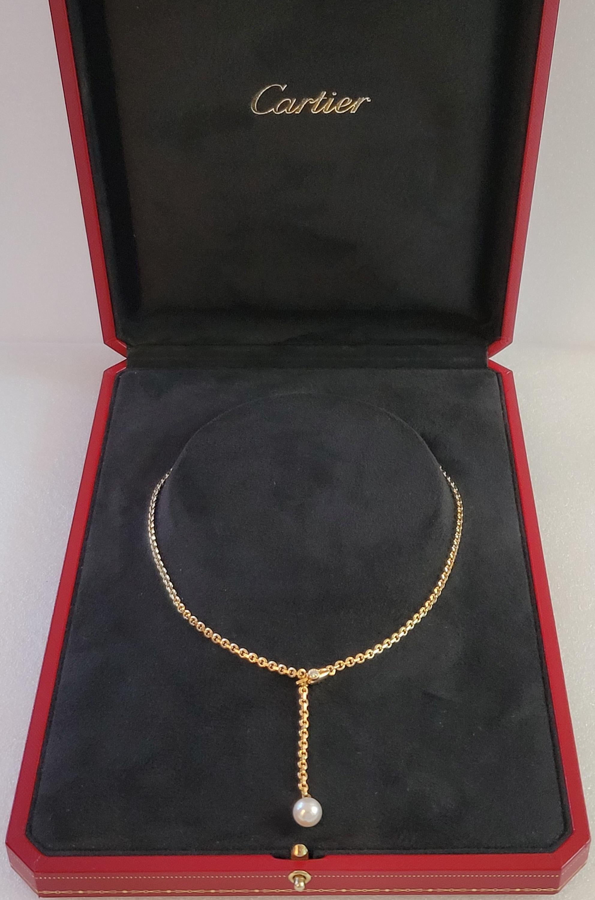Round Cut Cartier 18k Yellow Gold Akoya Cultured Pearl & Diamond Lariat Necklace 18.5''