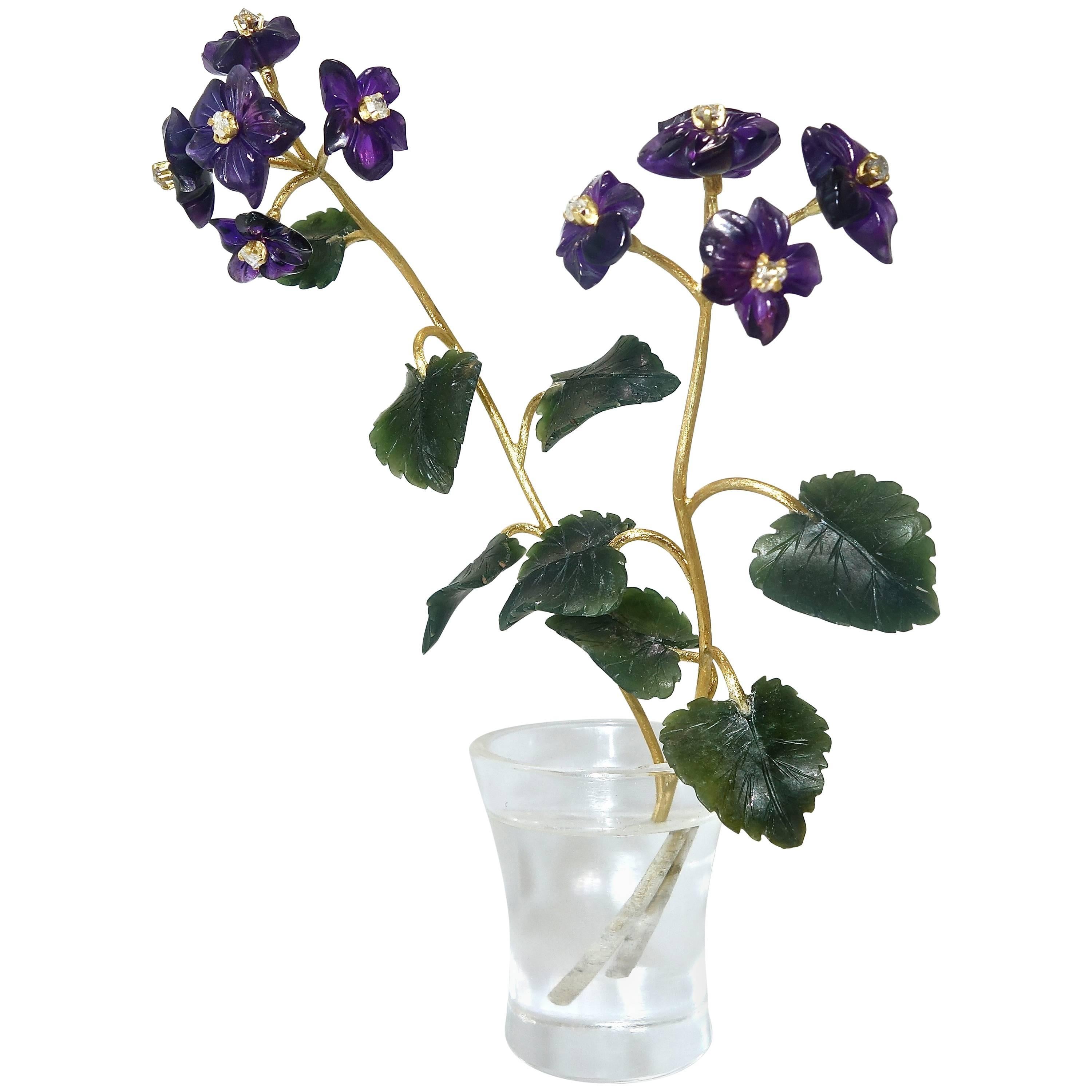 Cartier 18K Yellow Gold, Amethyst, Jade and Rock Crystal Flower Pot, circa 1945 In Excellent Condition In Aspen, CO