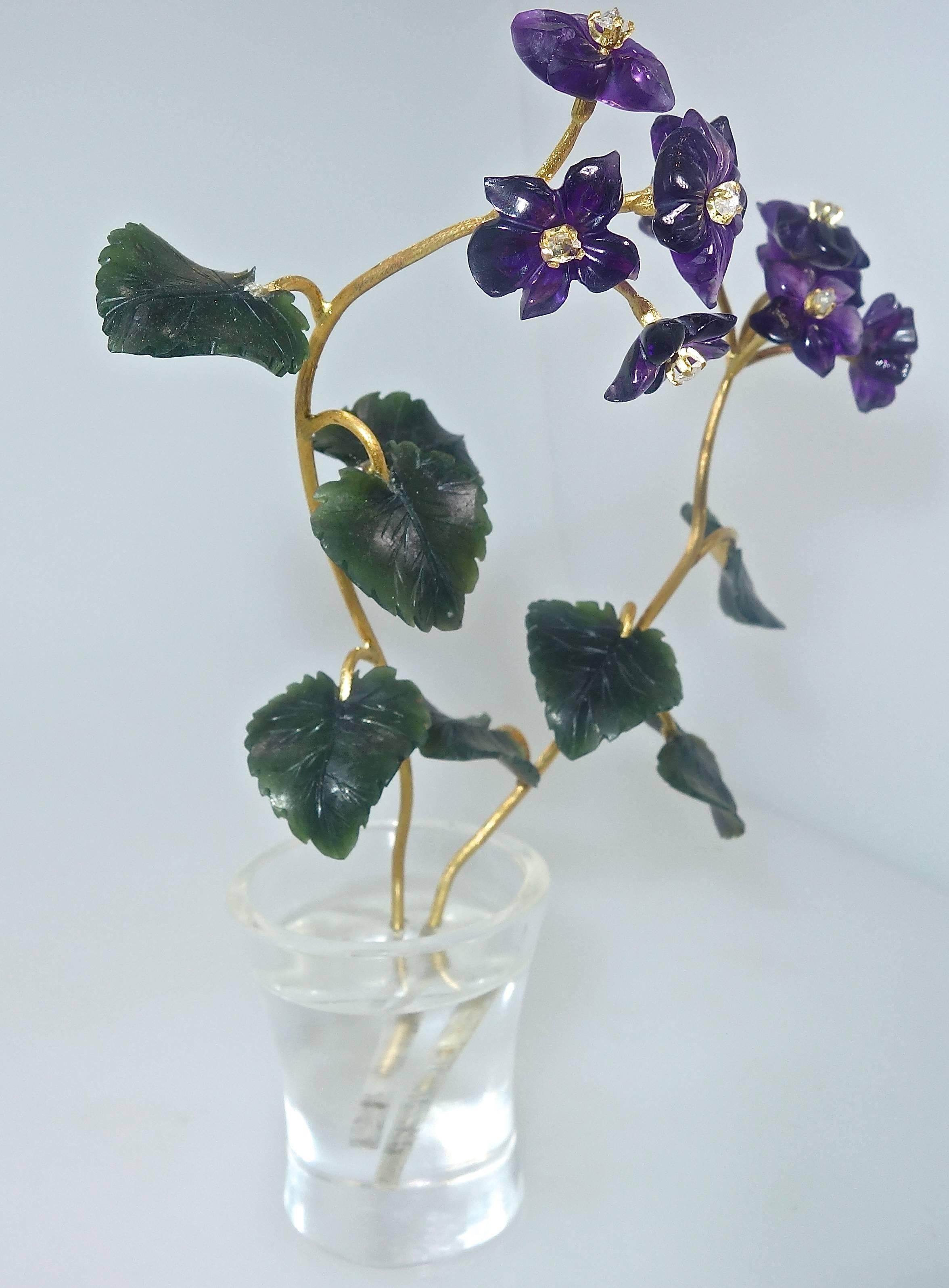 Women's or Men's Cartier 18K Yellow Gold, Amethyst, Jade and Rock Crystal Flower Pot, circa 1945