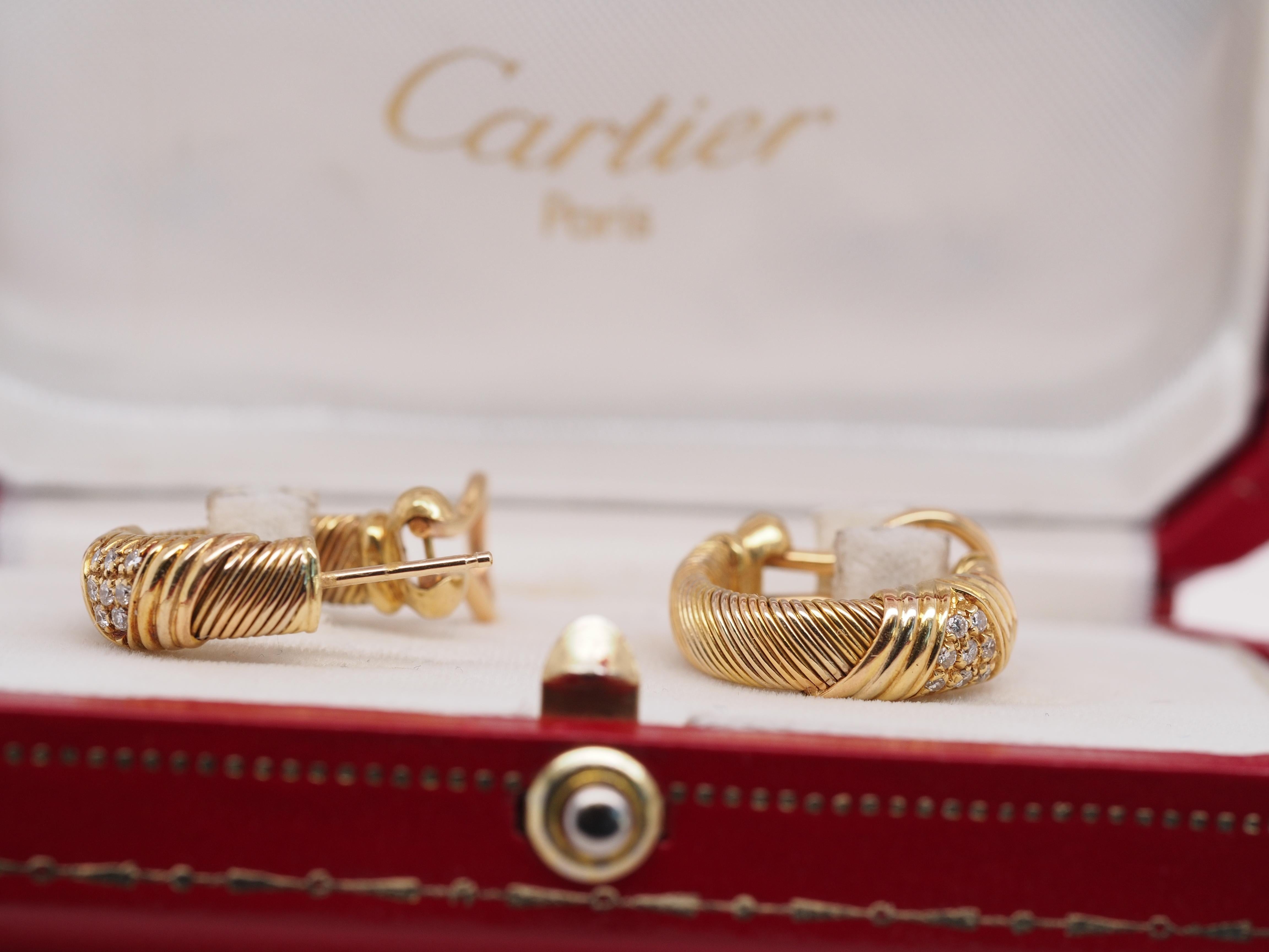 Women's or Men's Cartier 18k Yellow Gold and Diamond Hoop Earrings For Sale