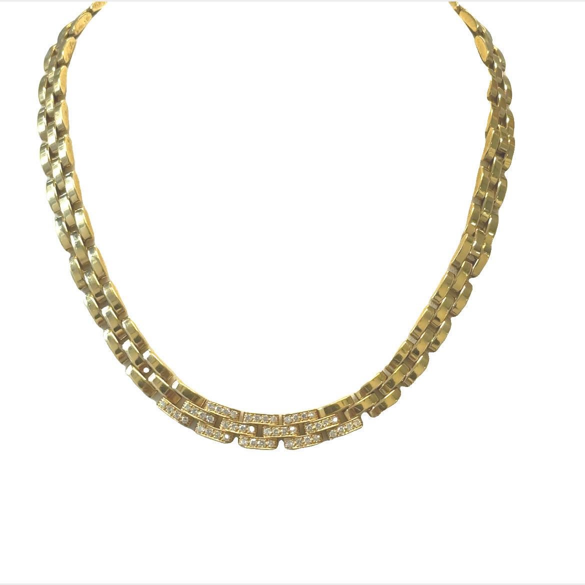 This Cartier  'MAILLON PANTHÈRE' necklace features 18K yellow gold and 1.20 carats of round brilliant diamond cut diamonds. 16 inches inner circumference. Gross weight: 49.25 dwt. Stamp: 750 684077 Cartier (French hallmark for 18 karat)(maker's