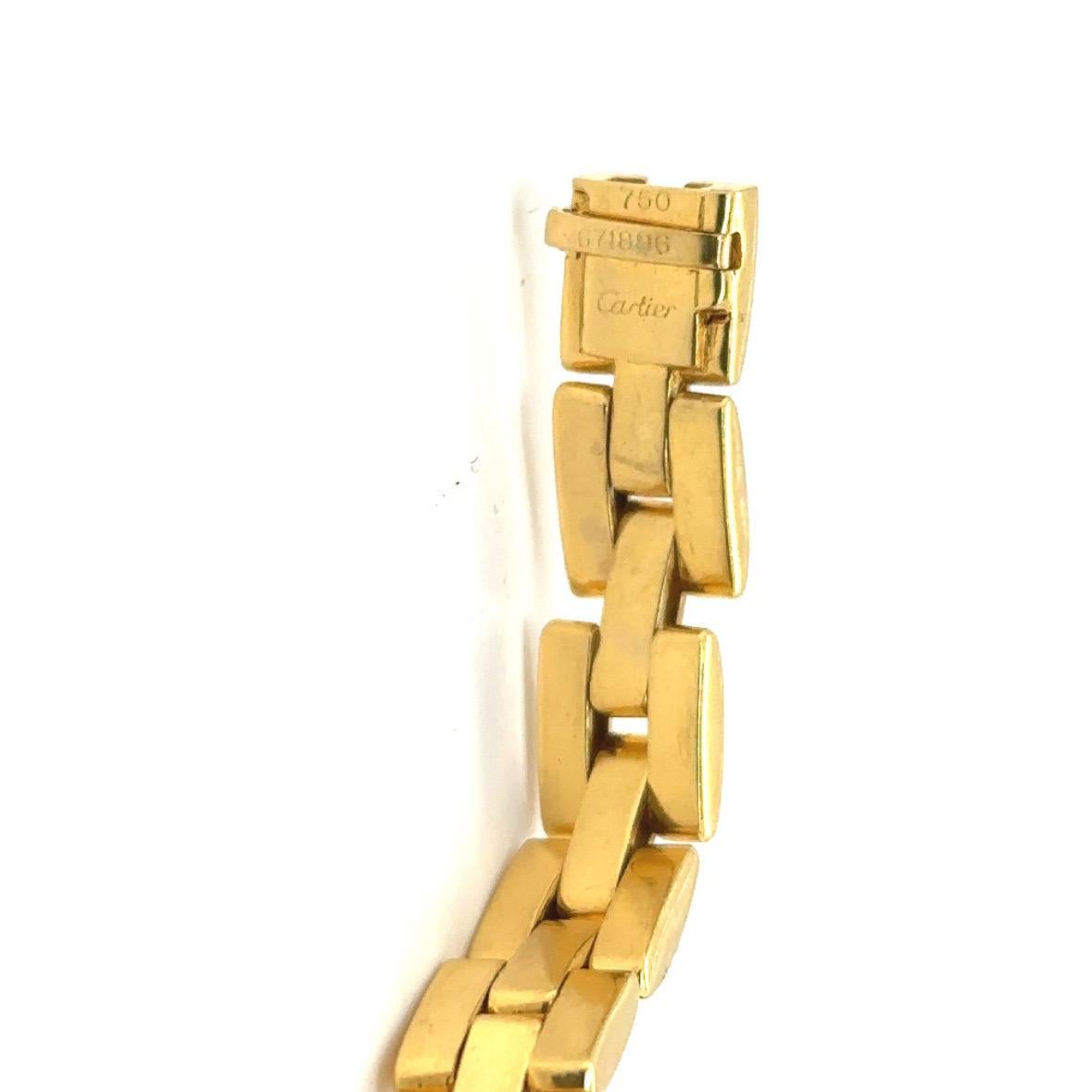 This Cartier 'MAILLON PANTHÈRE' necklace features 18K yellow gold in a three row brick link design. 16 inches inner circumference. Stamp: 750 671896 Cartier 
French assay and workshop marks
