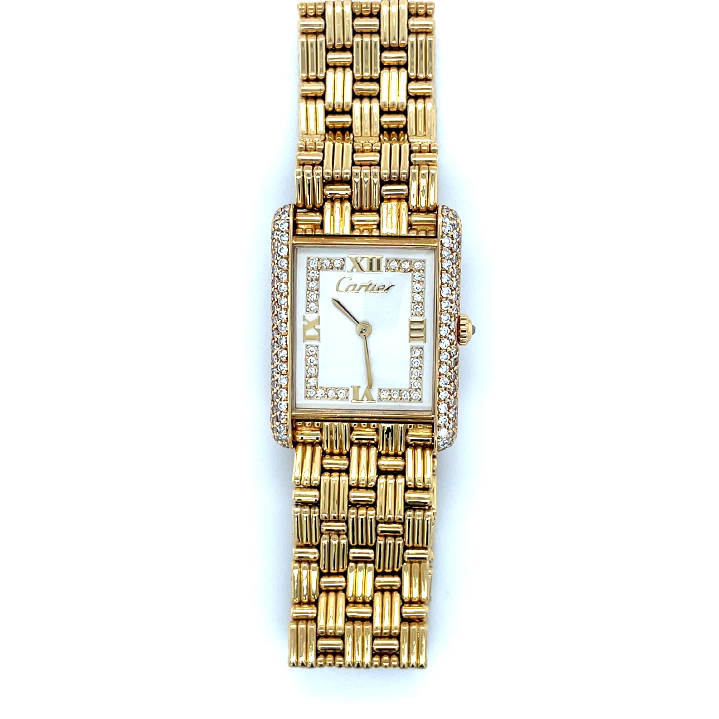 Contemporary Cartier, 18K Yellow Gold and Diamond Tank Louis Watch For Sale