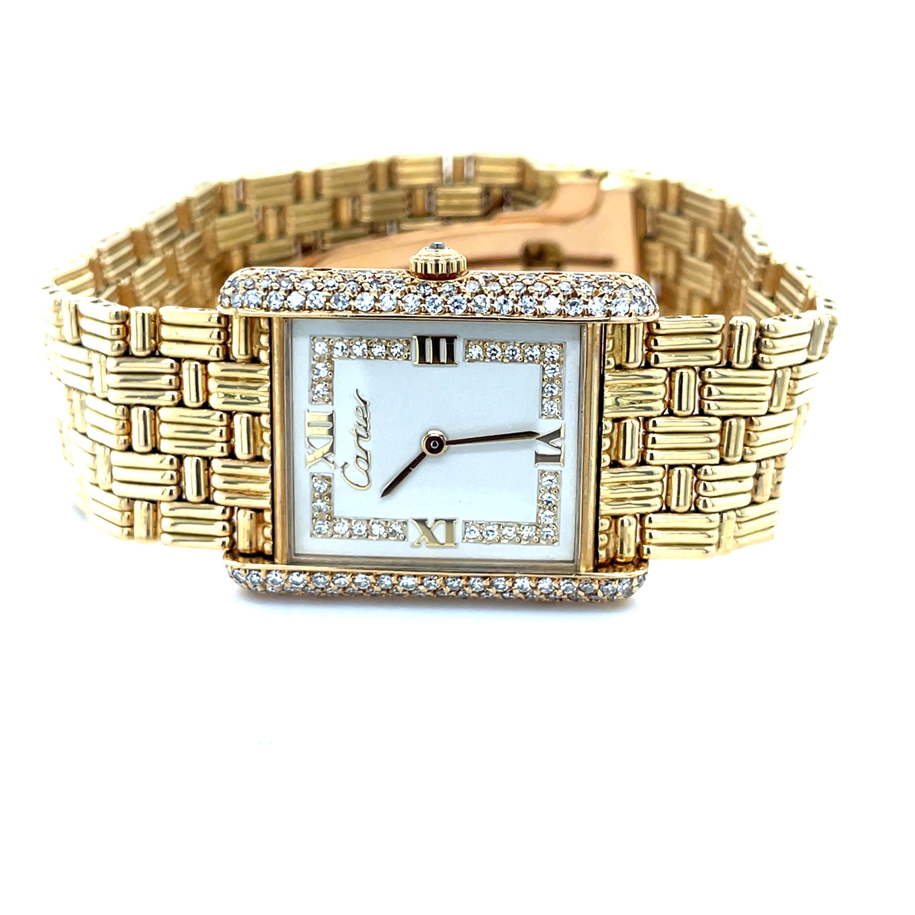 Brilliant Cut Cartier, 18K Yellow Gold and Diamond Tank Louis Watch For Sale