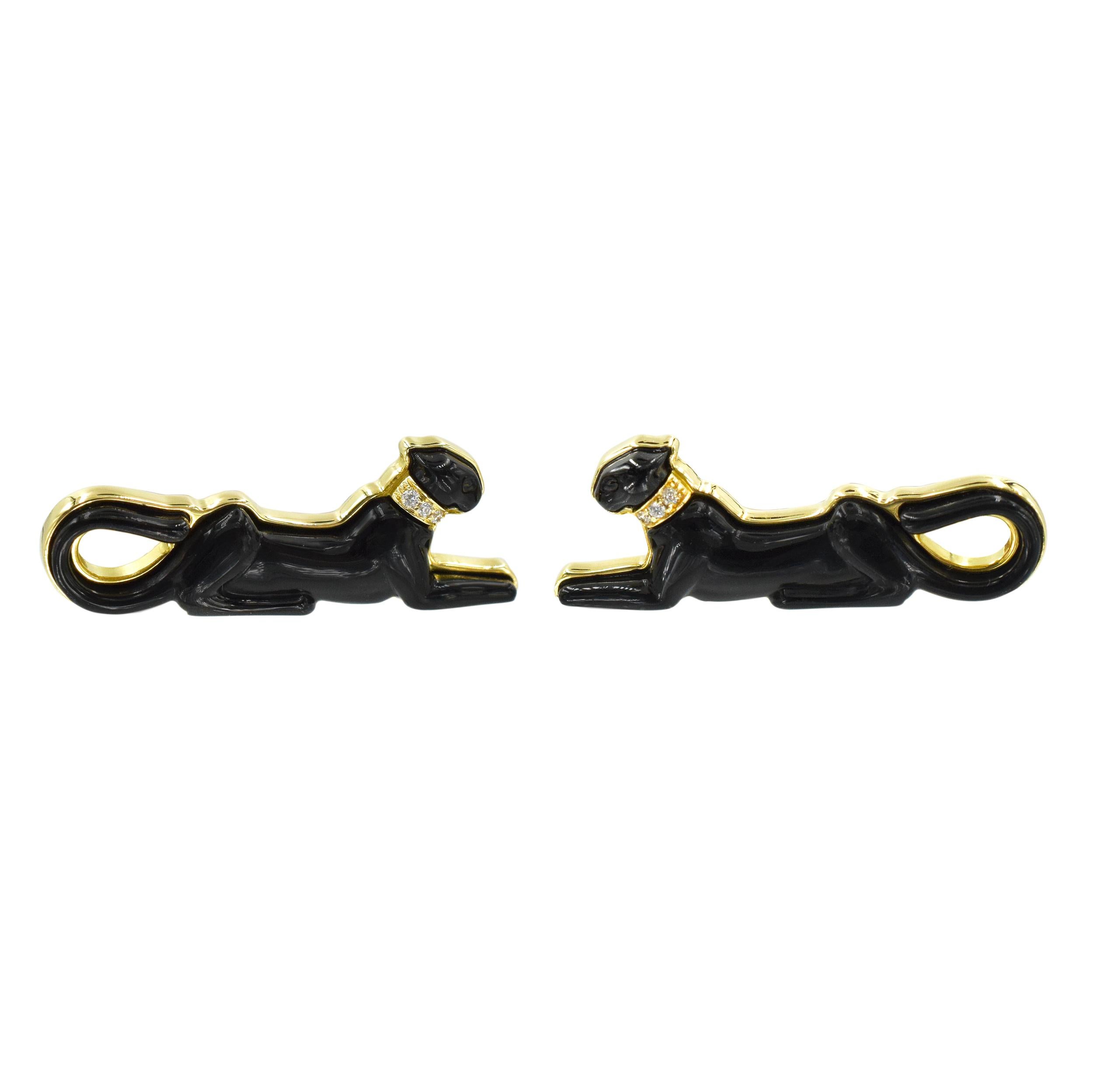 Cartier 18k yellow gold black panthere cufflinks. These iconic cufflinks are crafted in 18k yellow
gold with front featuring lying panther motif sculpted in black lacquer. Each panther
is accented with a yellow gold collar set with 3 round brilliant