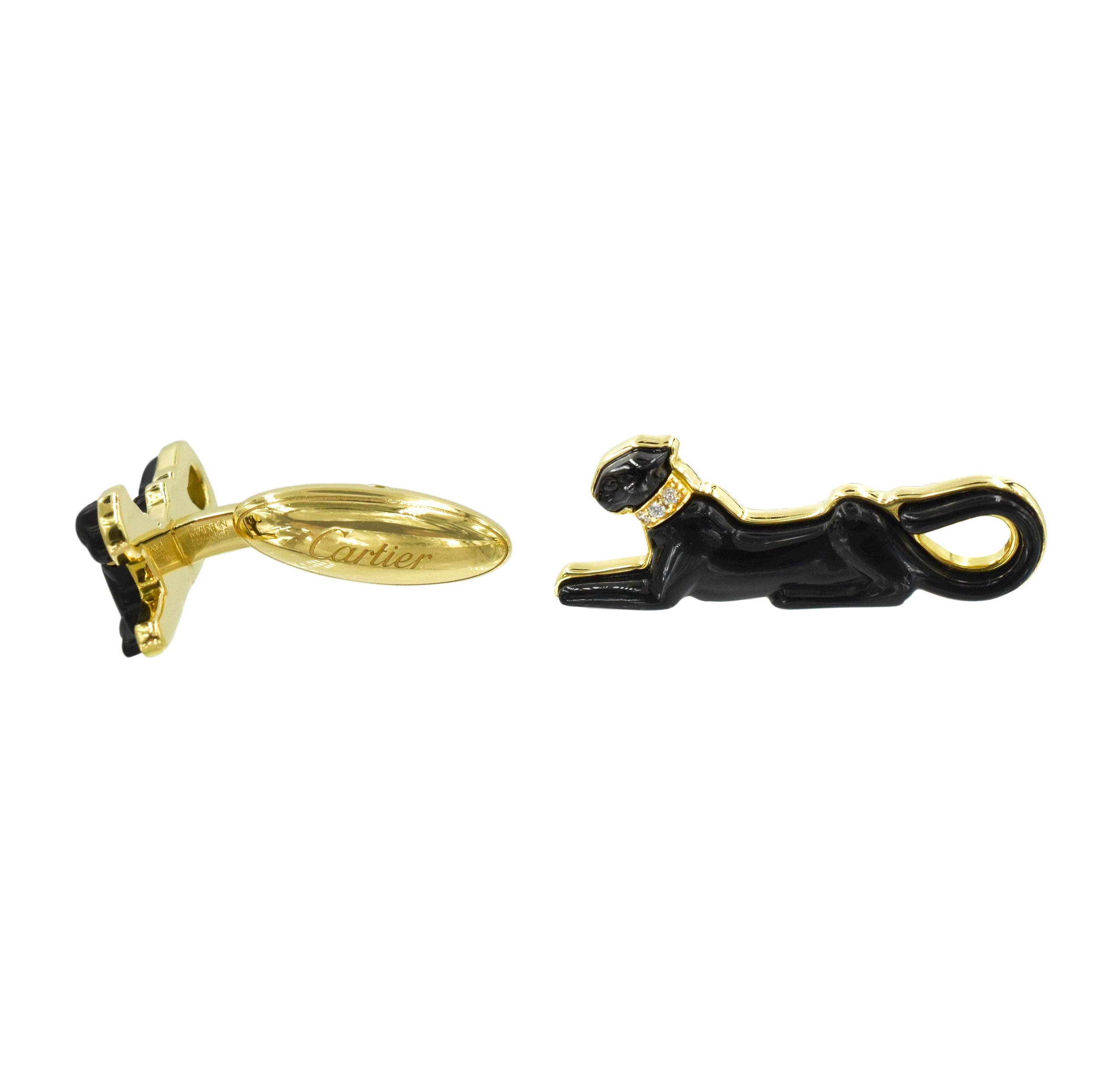 Round Cut Cartier 18k Yellow Gold Black Panthere Cufflinks