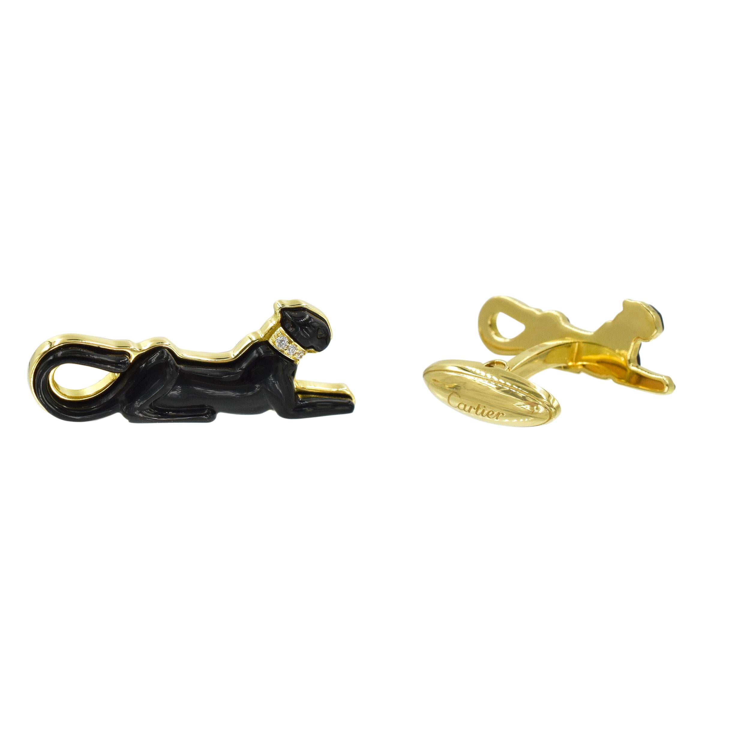 Cartier 18k Yellow Gold Black Panthere Cufflinks In Excellent Condition In New York, NY