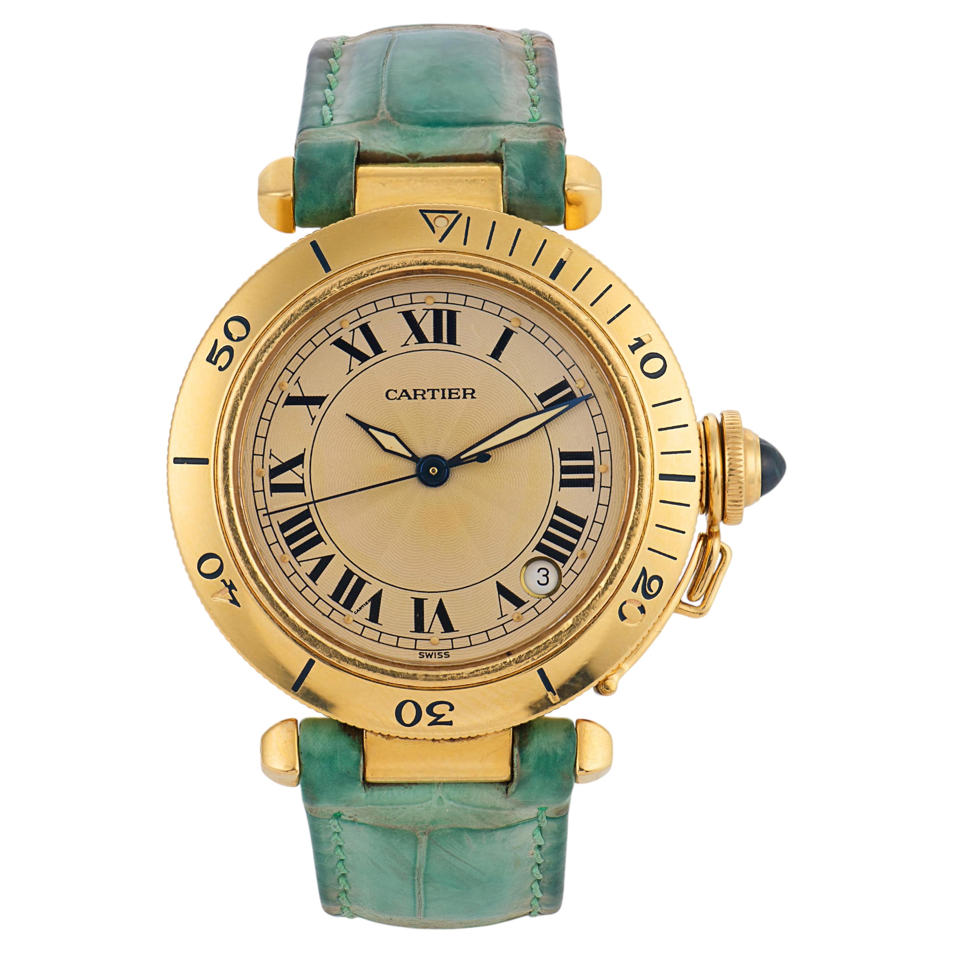 Cartier 18k yellow gold buckle leather strap Pasha watch For Sale