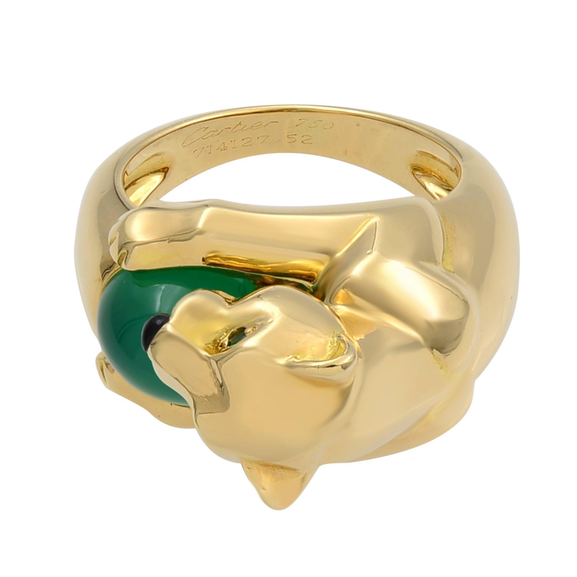 Modern Cartier 18 Karat Yellow Gold Chalcedony Emerald and Onyx Panther Ring