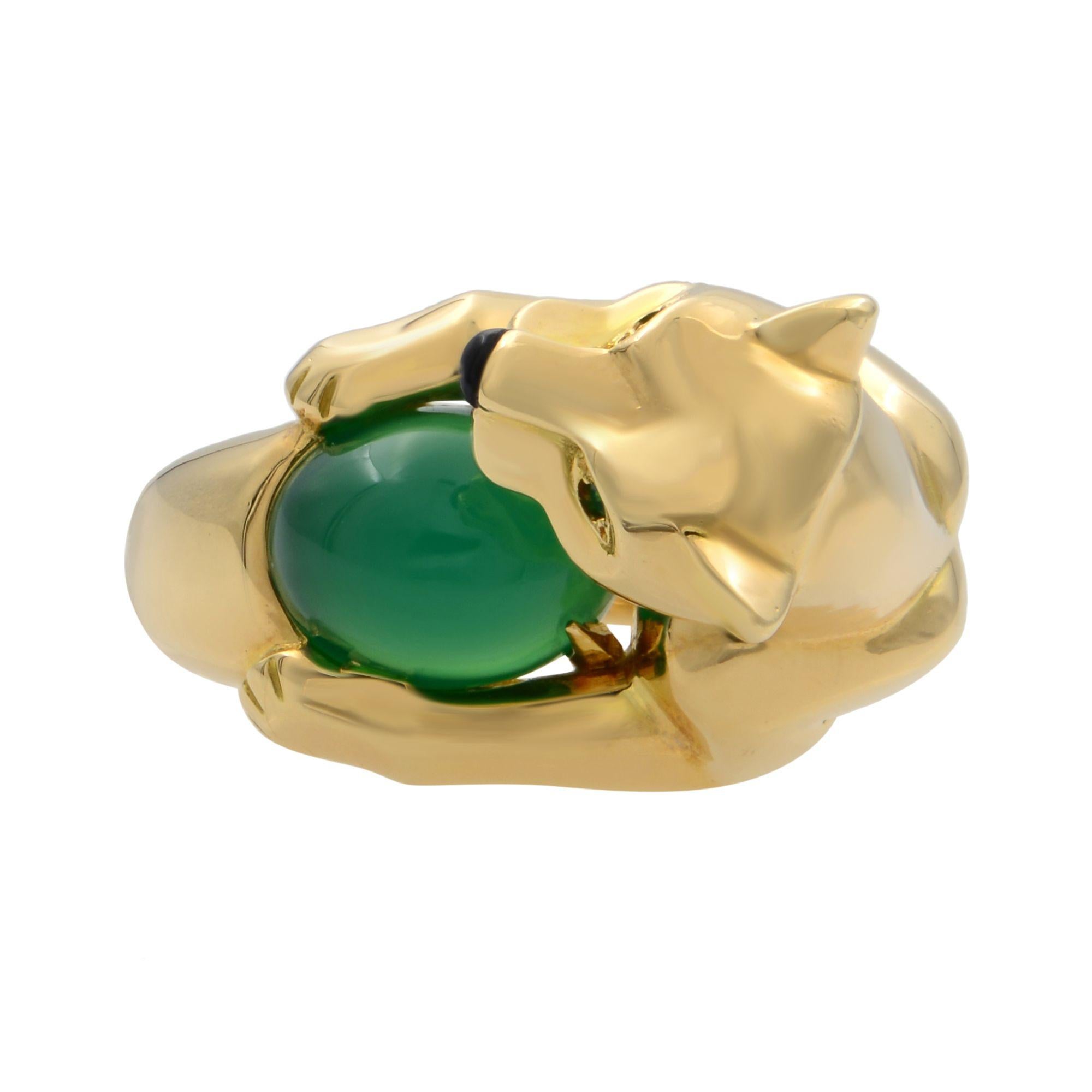 Round Cut Cartier 18 Karat Yellow Gold Chalcedony Emerald and Onyx Panther Ring