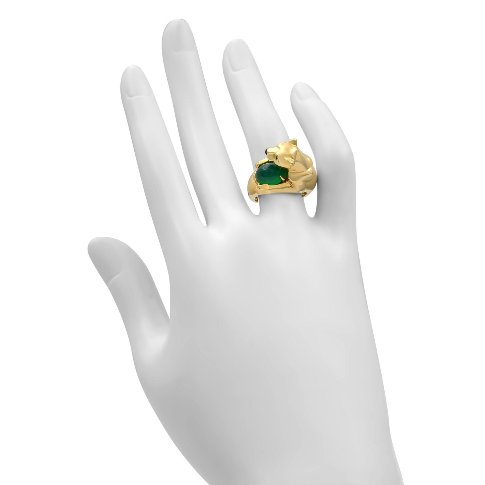 Cartier 18 Karat Yellow Gold Chalcedony Emerald and Onyx Panther Ring In Excellent Condition In New York, NY