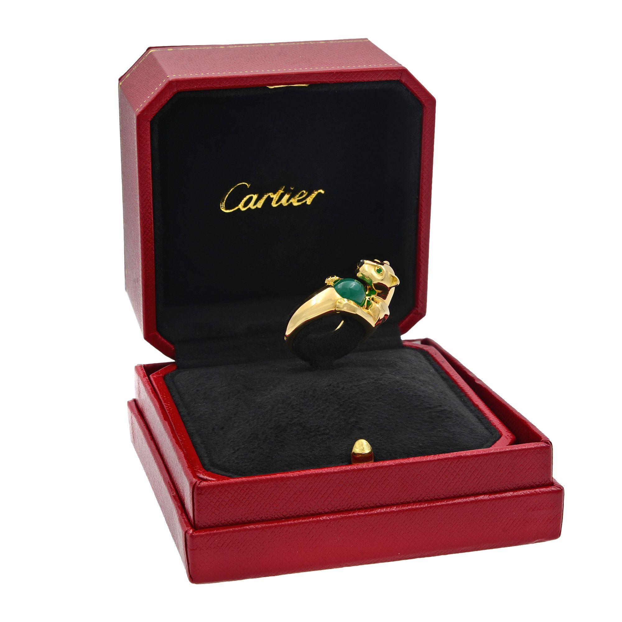 Women's Cartier 18 Karat Yellow Gold Chalcedony Emerald and Onyx Panther Ring