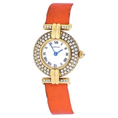 Vintage Cartier 18k Yellow Gold Colisee Diamond Satin Strap Watch