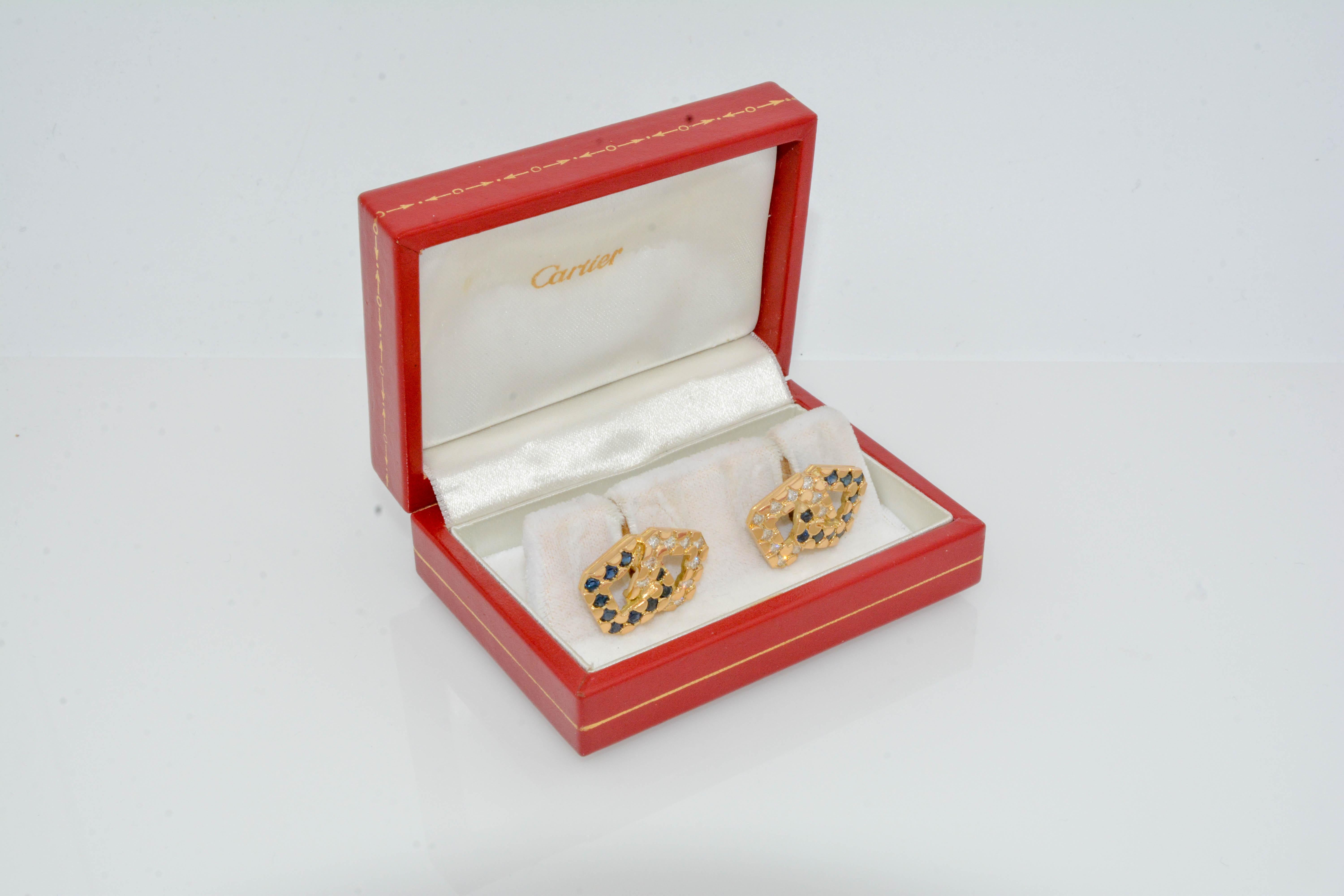 Modern Cartier Diamond Sapphire 18 Karat Yellow Gold Cufflinks