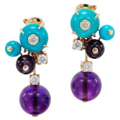 Vintage Cartier 18k Yellow Gold Delices De Goa Amethyst and Turquoise Diamond Earrings