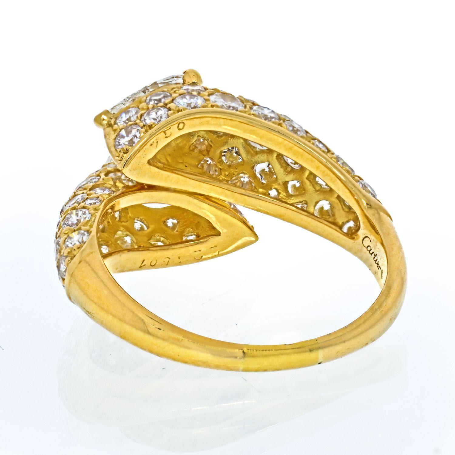 Cartier 18k Yellow Gold Deux Tetes Croisees Diamond Bypass Ring In Excellent Condition In New York, NY