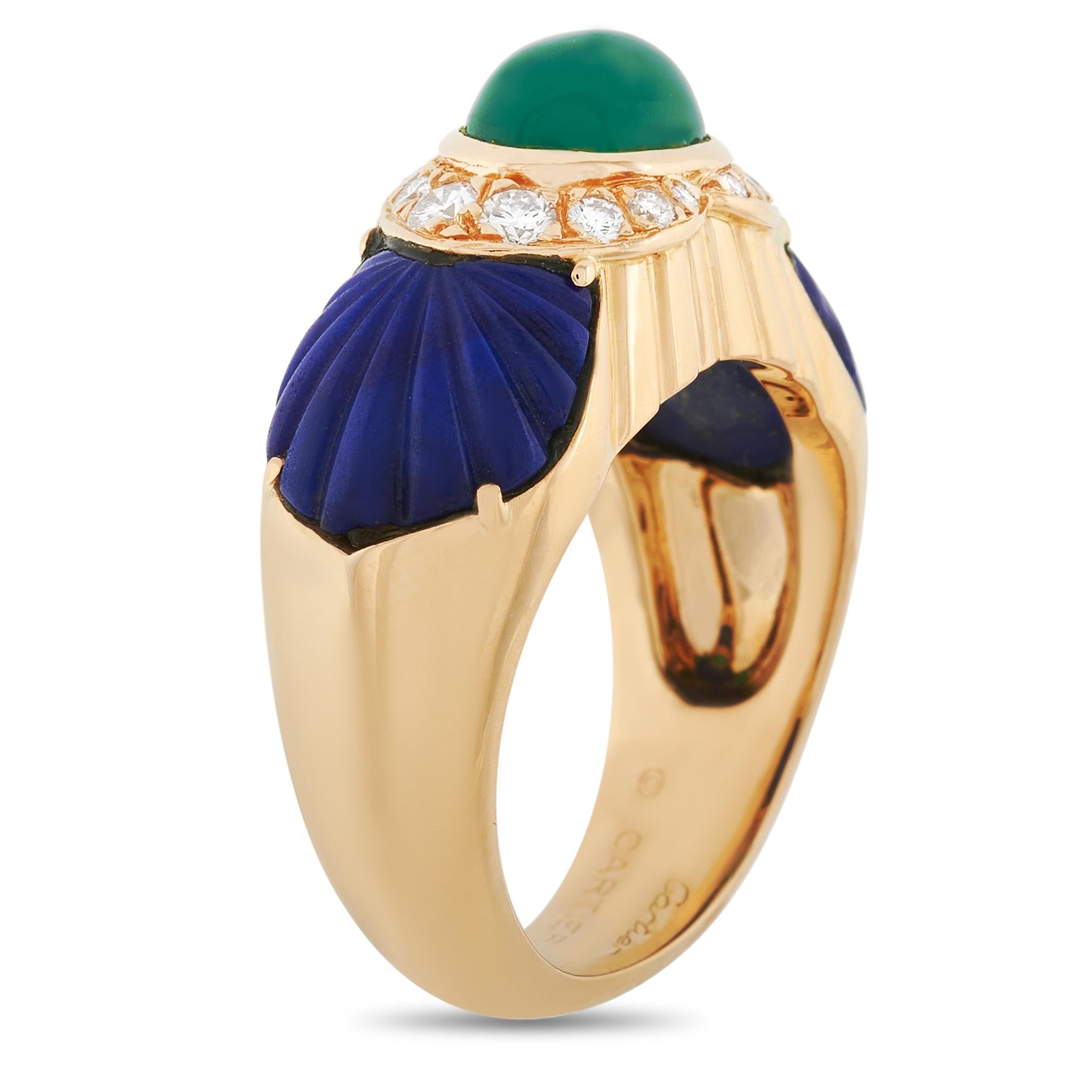 Lapis lazuli defines this 18K yellow gold ring. For a hint of sparkle, white diamonds frame the center green chrysoprase. One can't help but be attracted to the playful yet classy vibe of this piece.
 
 The Cartier 18K Yellow Gold Diamond,