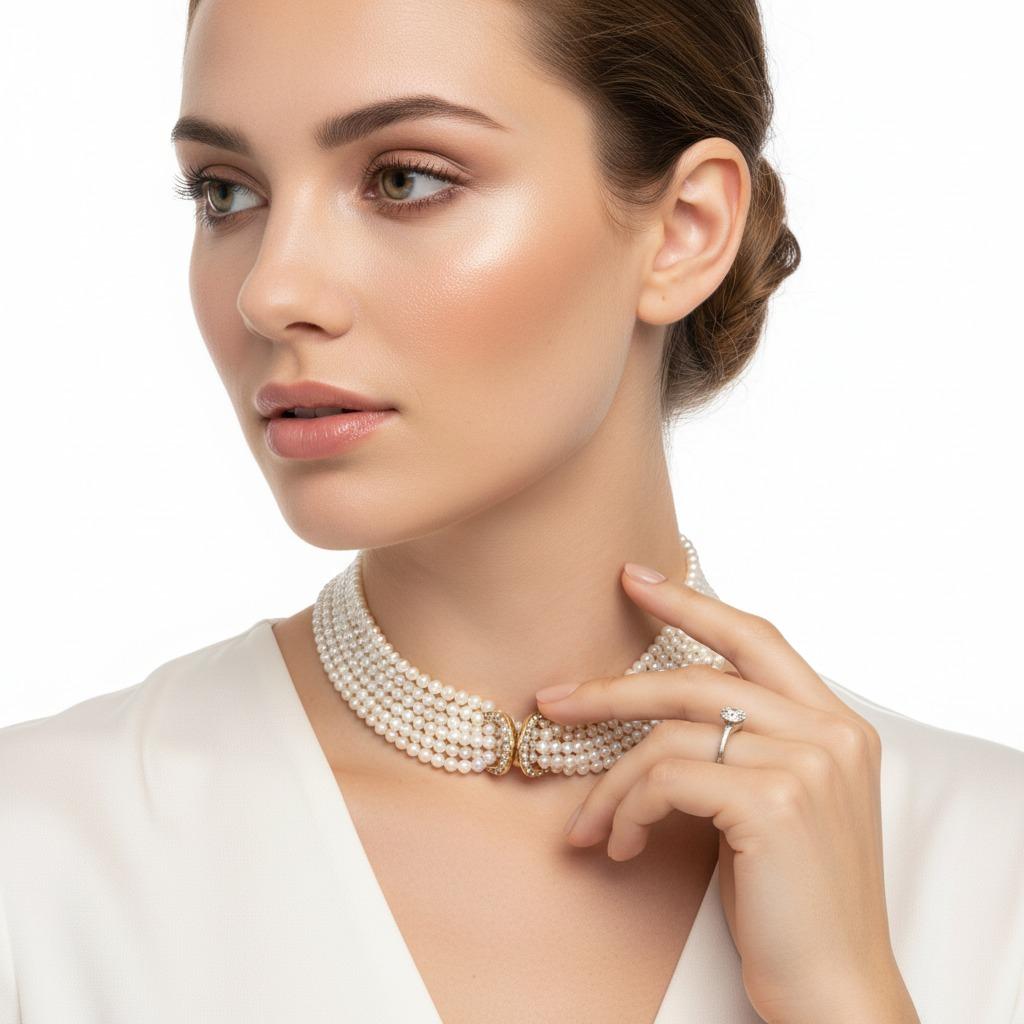 Contemporary Cartier 18K Yellow Gold Diamond Double C Multi-Strand Pearl Necklace For Sale