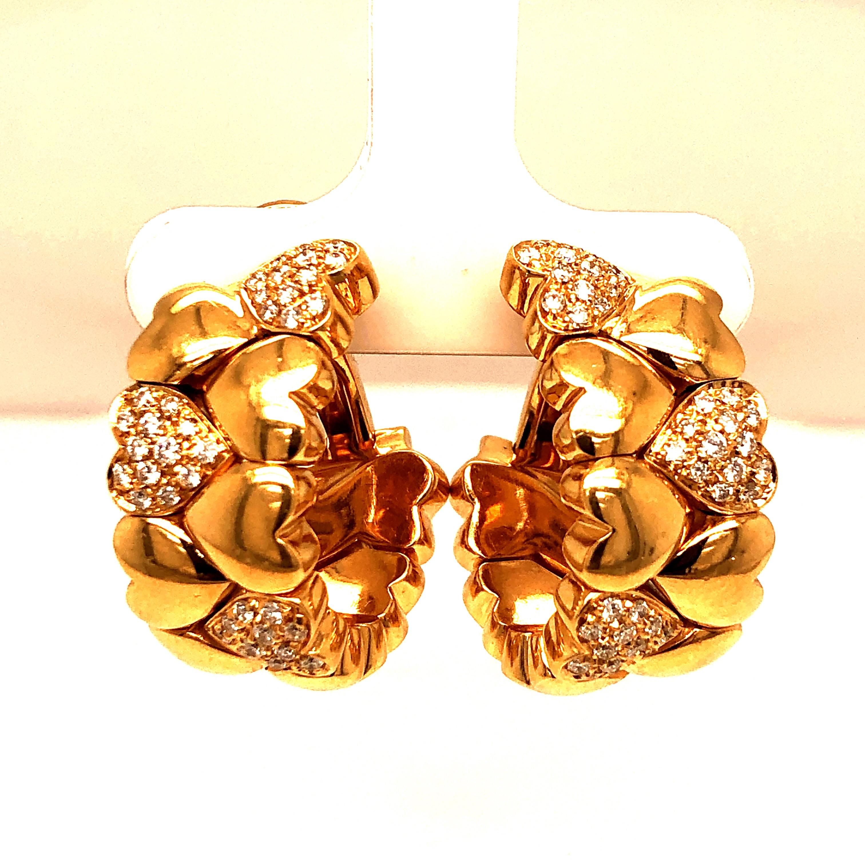 CARTIER DIAMOND EARRINGS 18 Karat Yellow Gold with Heart Design Pave'd with Diamonds
Features Omega Clip Backs with Posts for secure wear-ability.
Weight: 31.2 grams. Width:  11.20 mm 
Length:  approximately 20mm or 3/4 inches 
Set with :