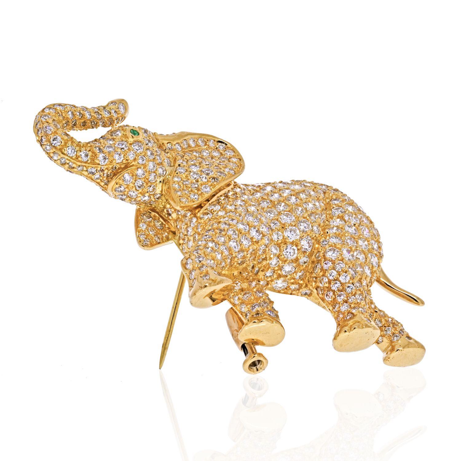 Cartier 18K Yellow Gold Diamond Elephant Brooch.
Crafted in 18K yellow gold mounted with round cut pave diamonds of E-F color VVS-VS clarity, approx. 3 carats in diamond weight. 
The brooch is fastened by a single pin. 
Measurements of the brooch