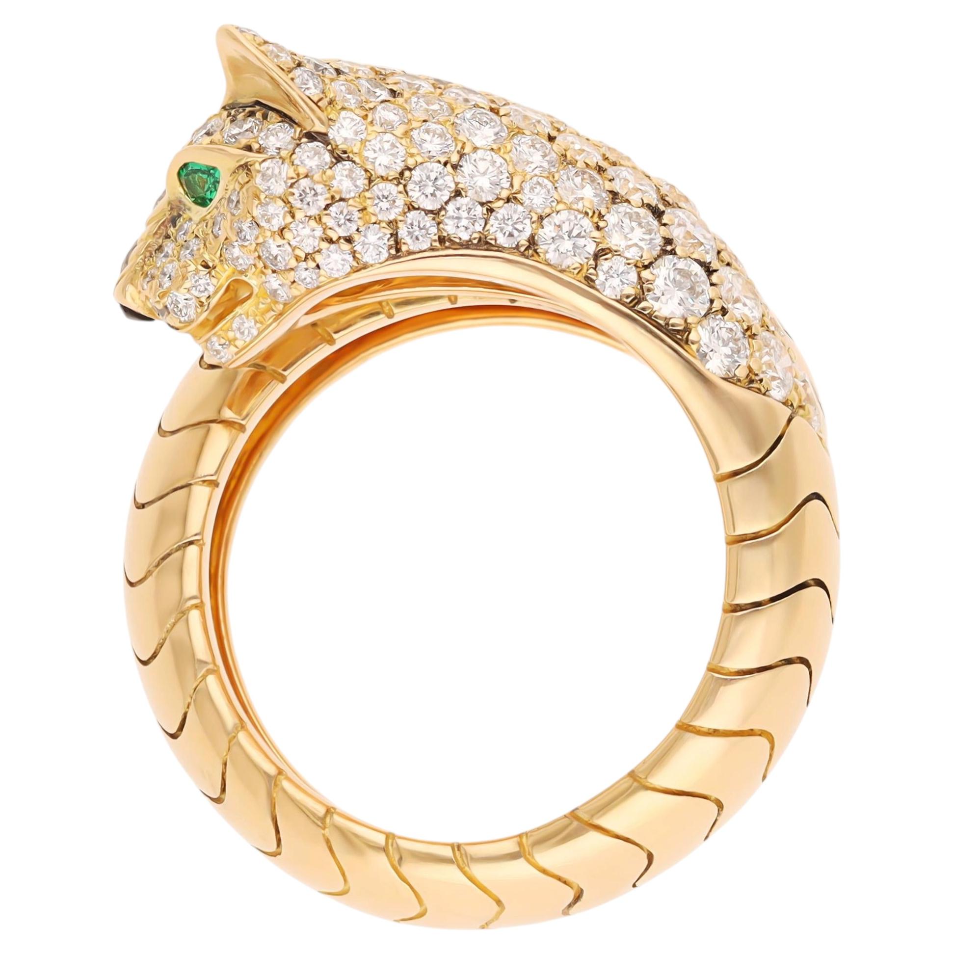 CARTIER 18K Yellow Gold Diamond, Emerald and Onyx Panther Wrap Ring