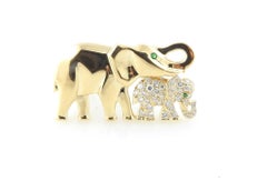 Cartier 18K Yellow Gold Diamond Emerald Mother and Baby Elephant Brooch