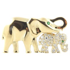 Cartier 18K Yellow Gold Diamond Emerald Mother and Baby Elephant Brooch