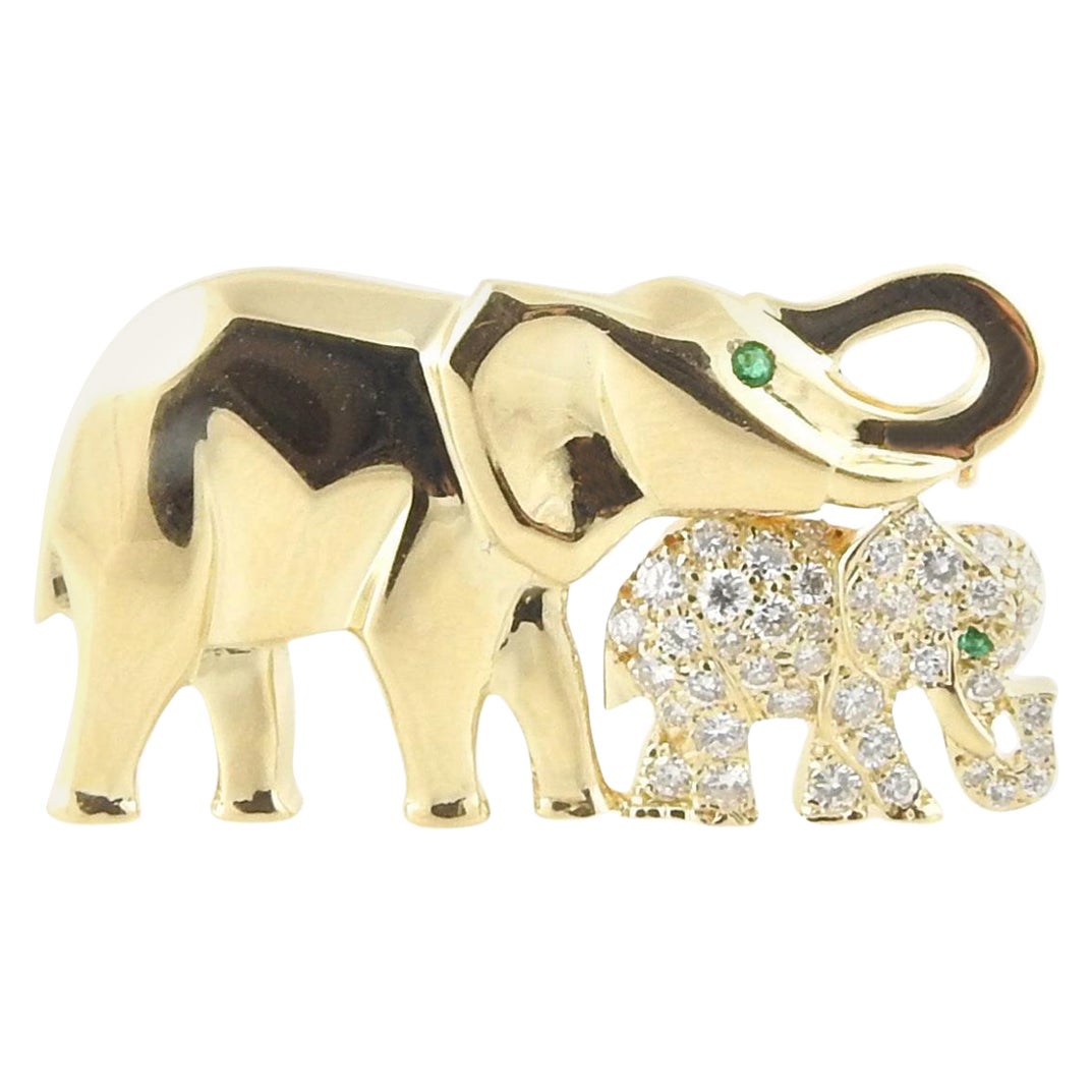 Cartier 18K Yellow Gold Diamond Emerald Mother and Baby Elephant Brooch