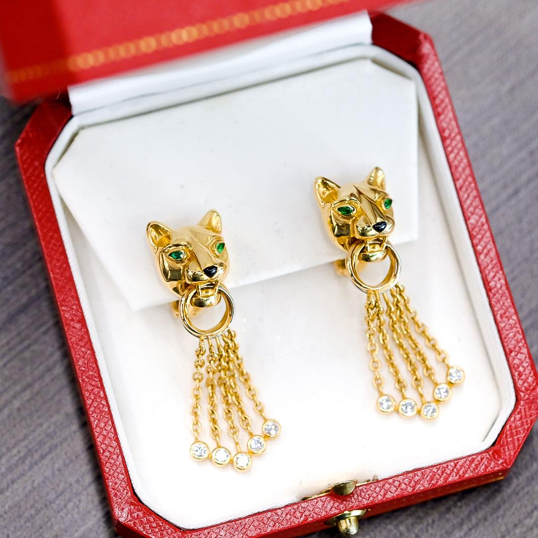 Modern Cartier 18K Yellow Gold Diamond, Emerald, Onyx and Bead ‘Panthère’ Earrings For Sale