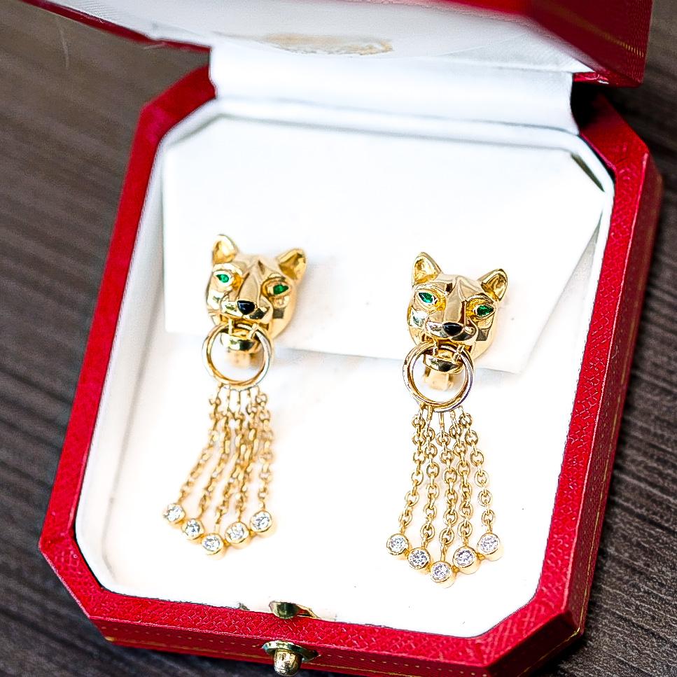 Round Cut Cartier 18K Yellow Gold Diamond, Emerald, Onyx and Bead ‘Panthère’ Earrings For Sale