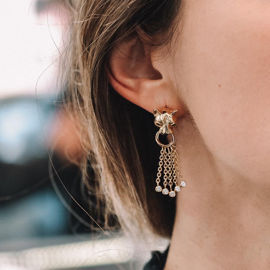 Cartier 18K Yellow Gold Diamond, Emerald, Onyx and Bead ‘Panthère’ Earrings In Excellent Condition For Sale In New York, NY