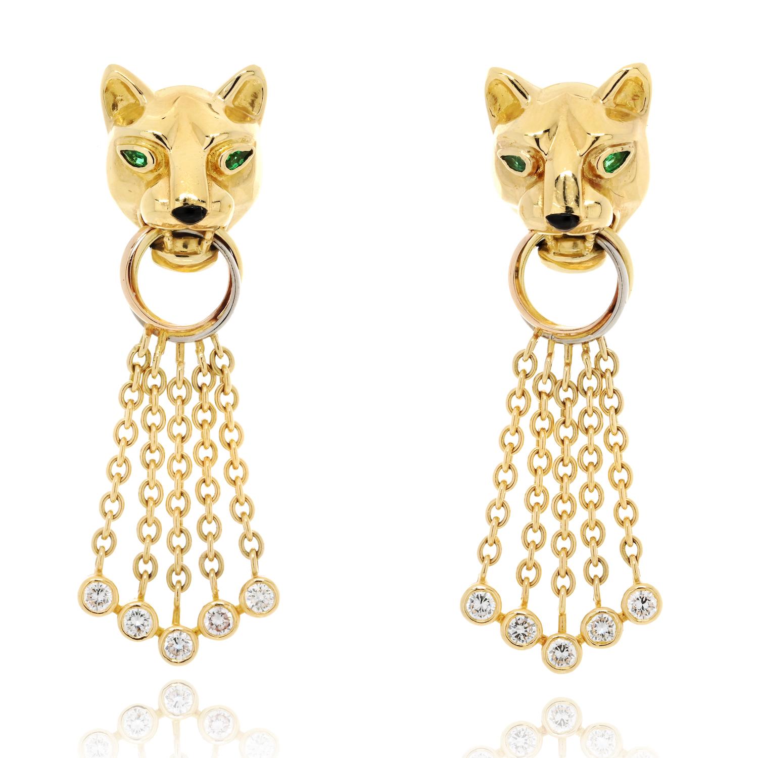 Modern Cartier 18K Yellow Gold Diamond, Emerald, Onyx and Bead ‘Panthère’ Earrings For Sale