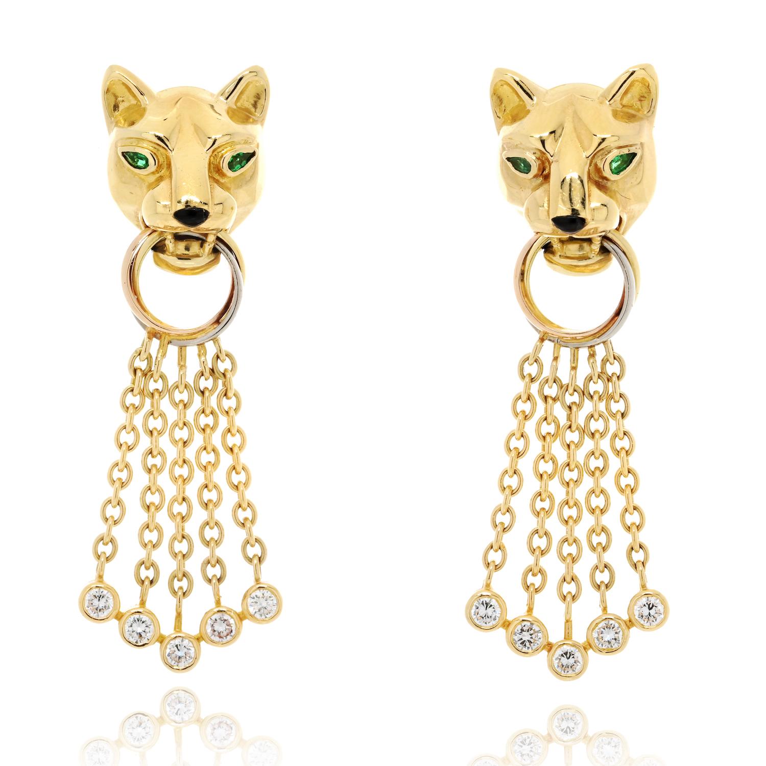 Women's Cartier 18K Yellow Gold Diamond, Emerald, Onyx and Bead ‘Panthère’ Earrings For Sale