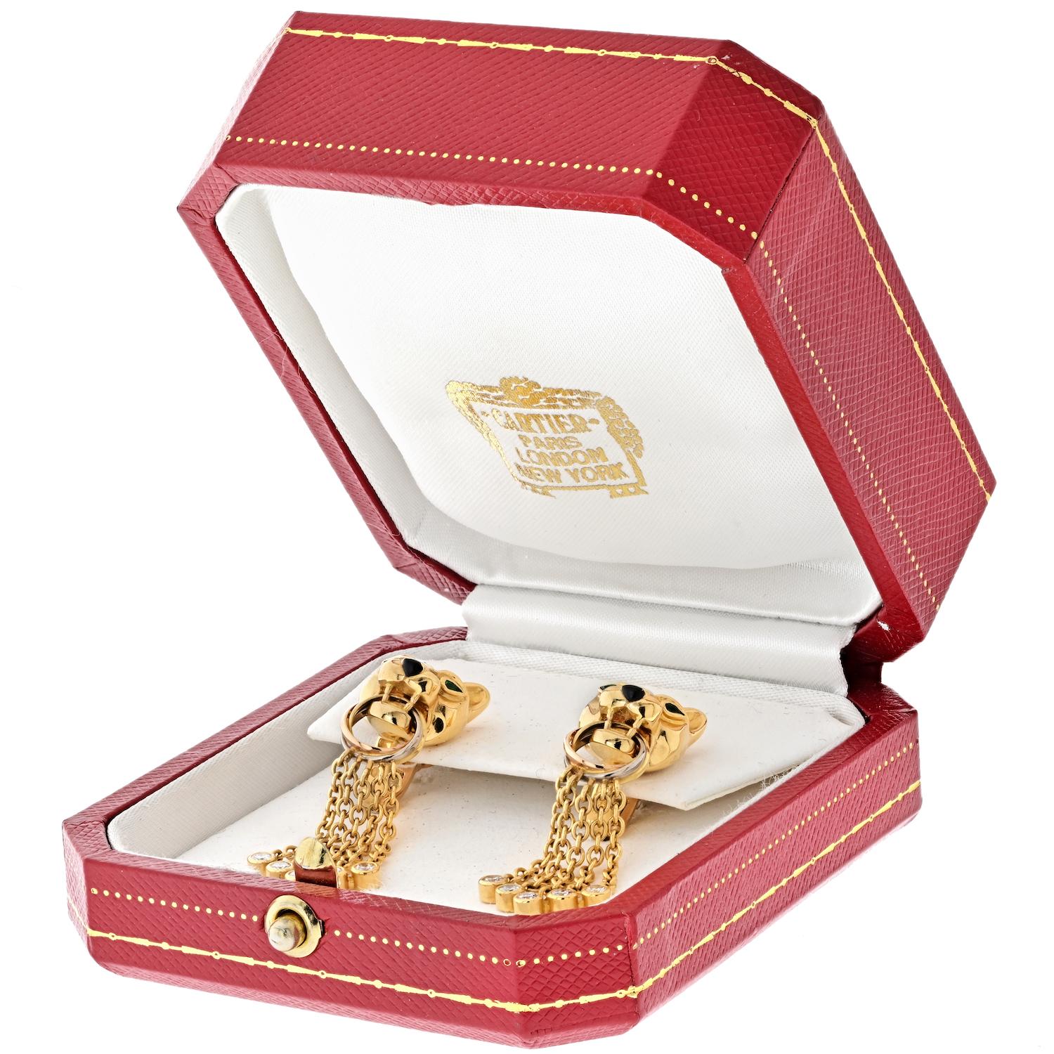Cartier 18K Yellow Gold Diamond, Emerald, Onyx and Bead ‘Panthère’ Earrings For Sale 1
