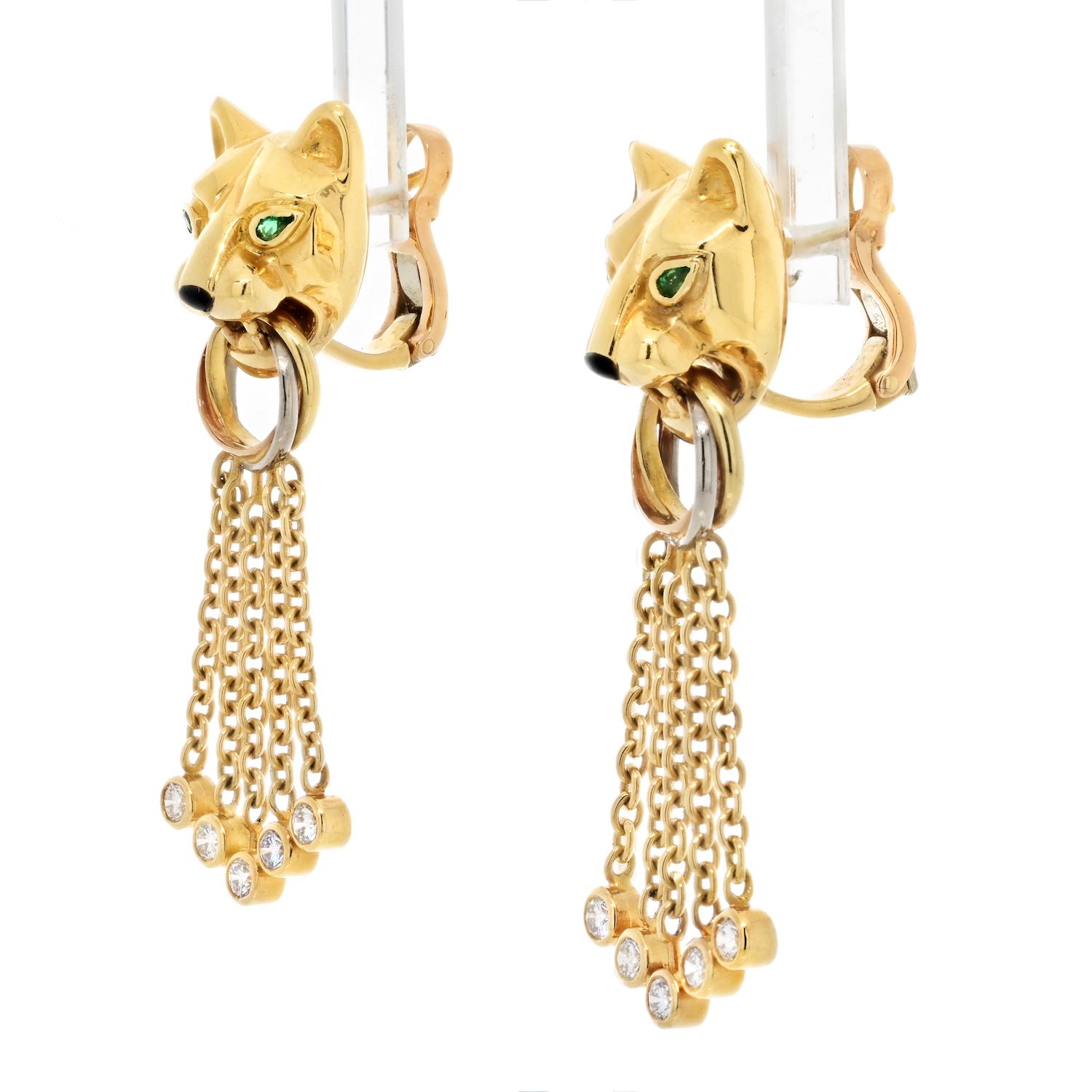 Cartier 18K Yellow Gold Diamond, Emerald, Onyx and Bead ‘Panthère’ Earrings In Excellent Condition For Sale In New York, NY