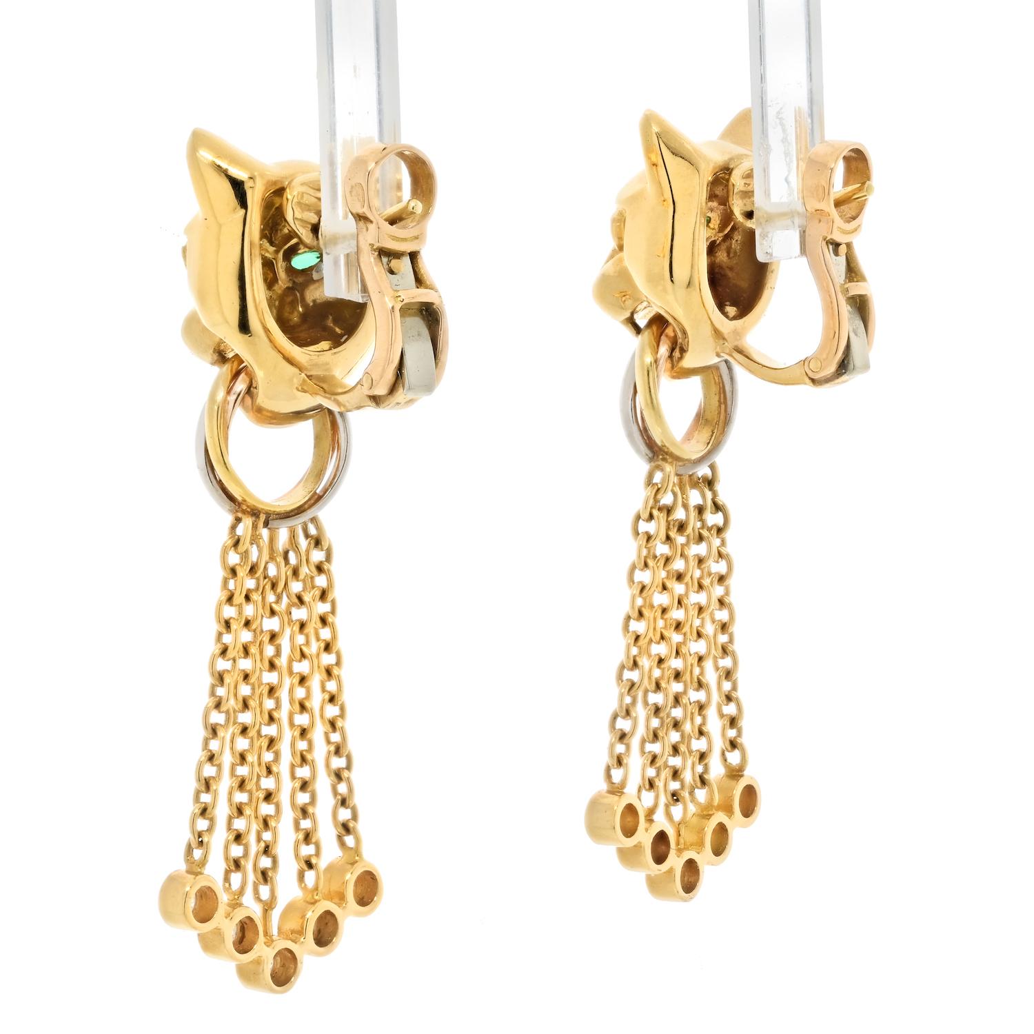 Cartier 18K Yellow Gold Diamond, Emerald, Onyx and Bead ‘Panthère’ Earrings For Sale 3