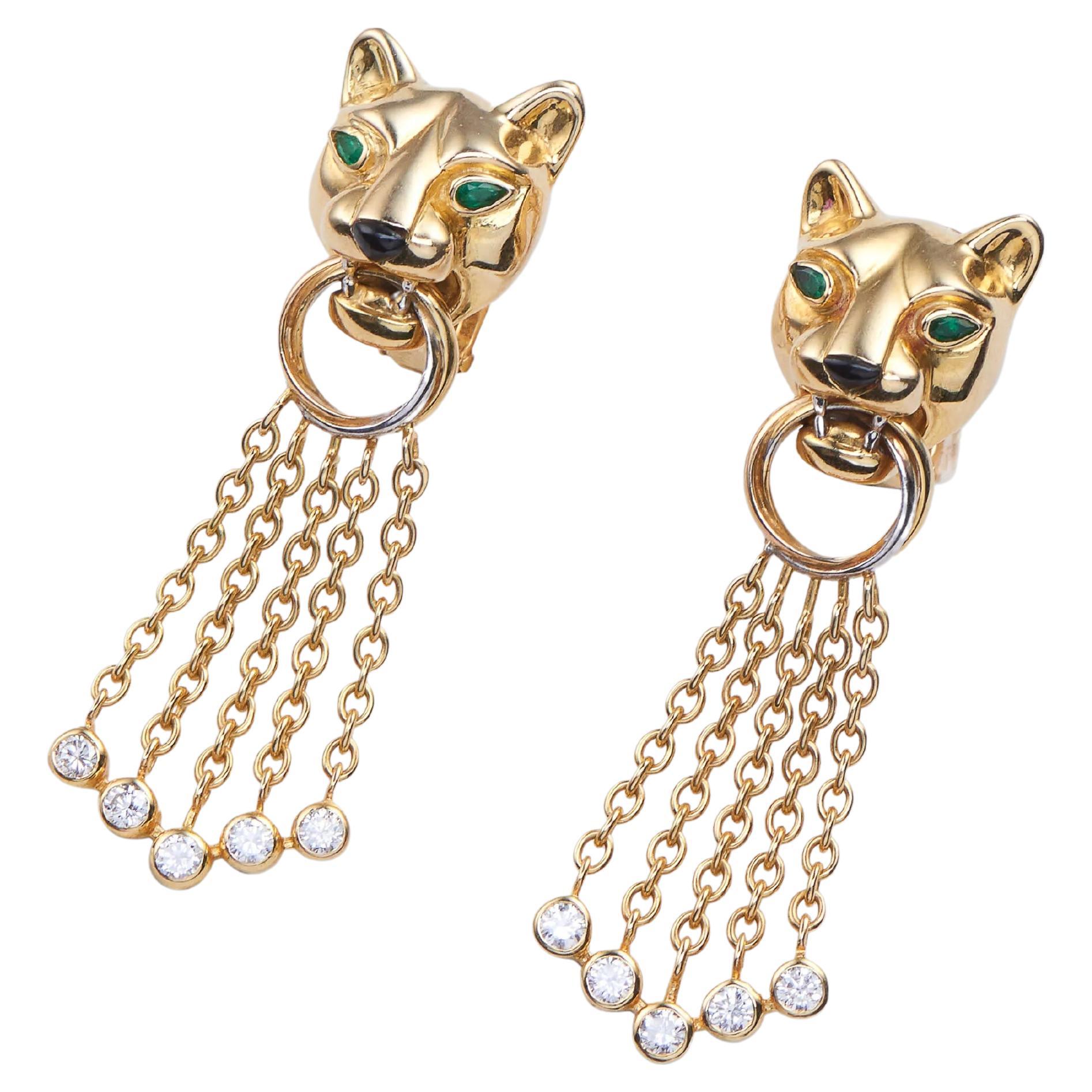 Cartier 18K Yellow Gold Diamond, Emerald, Onyx and Bead ‘Panthère’ Earrings