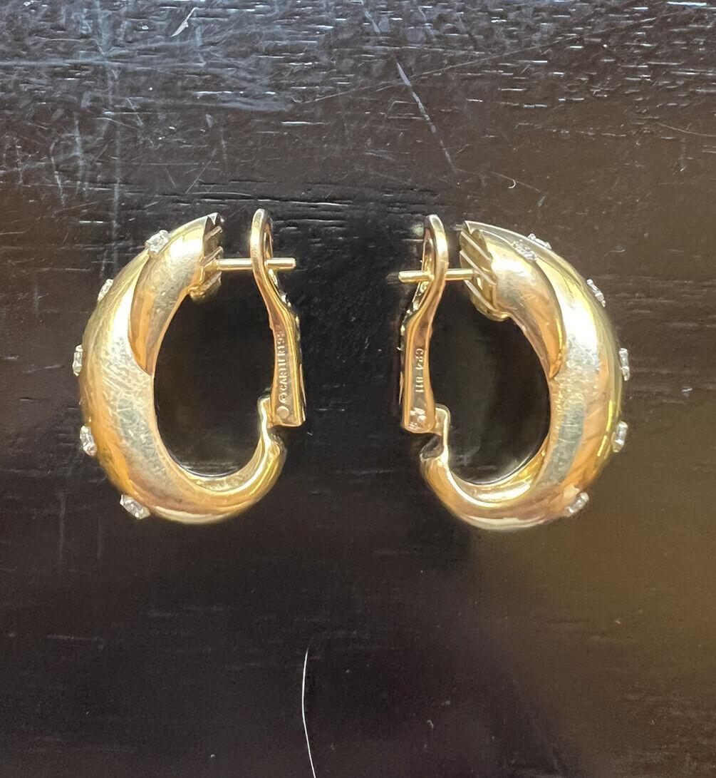 Round Cut CARTIER 18k Yellow Gold & Diamond Hoop Earrings Circa 1993 Fully Hallmarked