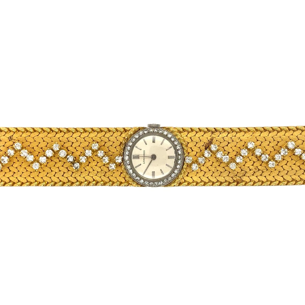 Women's Cartier 18 Karat Yellow Gold Diamond Longines Movement Wristwatch For Sale