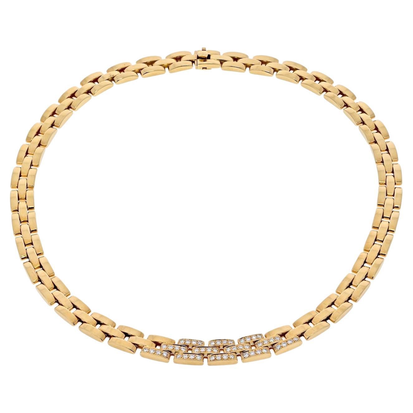 Cartier 18K Yellow Gold Diamond Maillon Panthere Triple Row Necklace